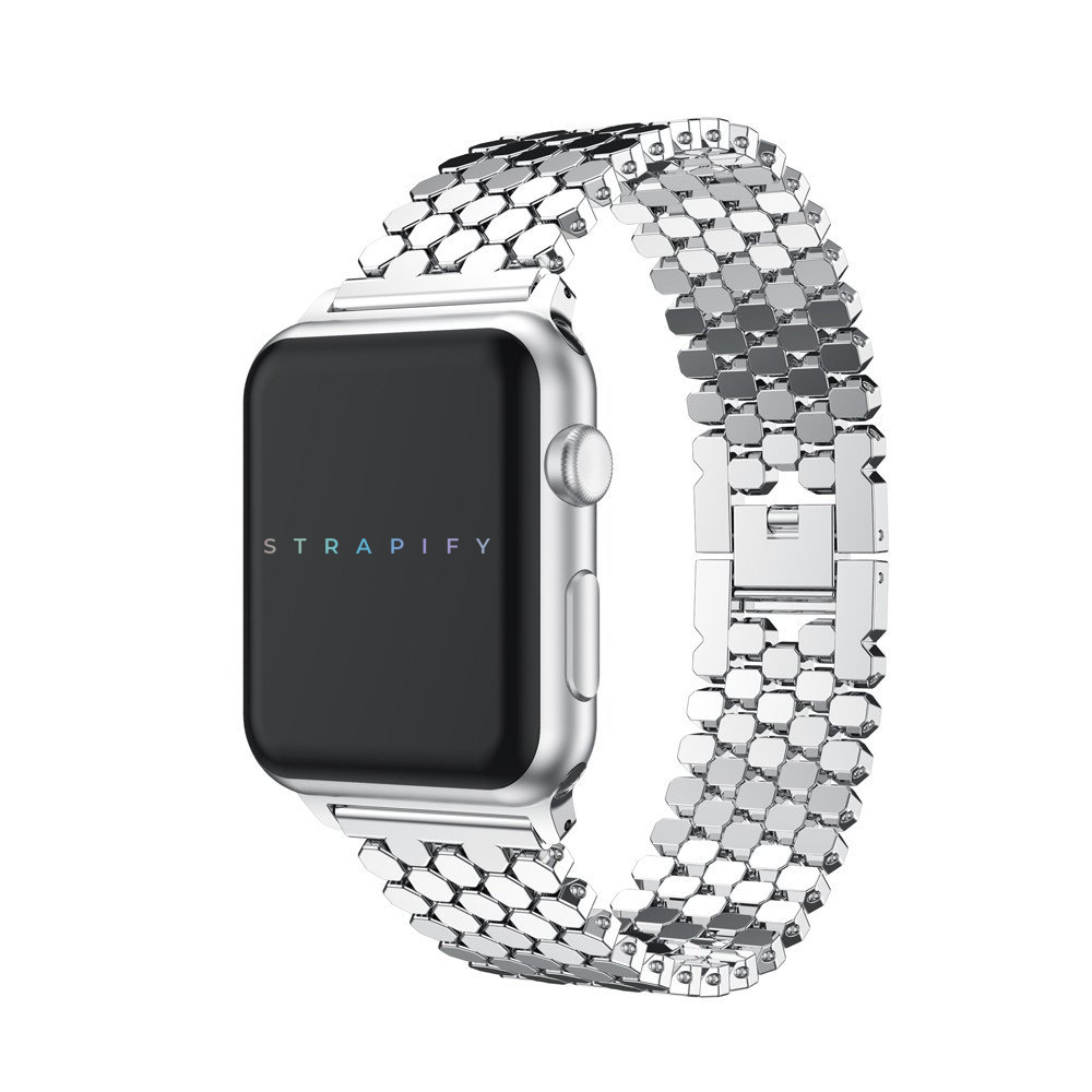 Silver stainless steel hex link bracelet band for Apple Watch with Strapify branding on display watch face