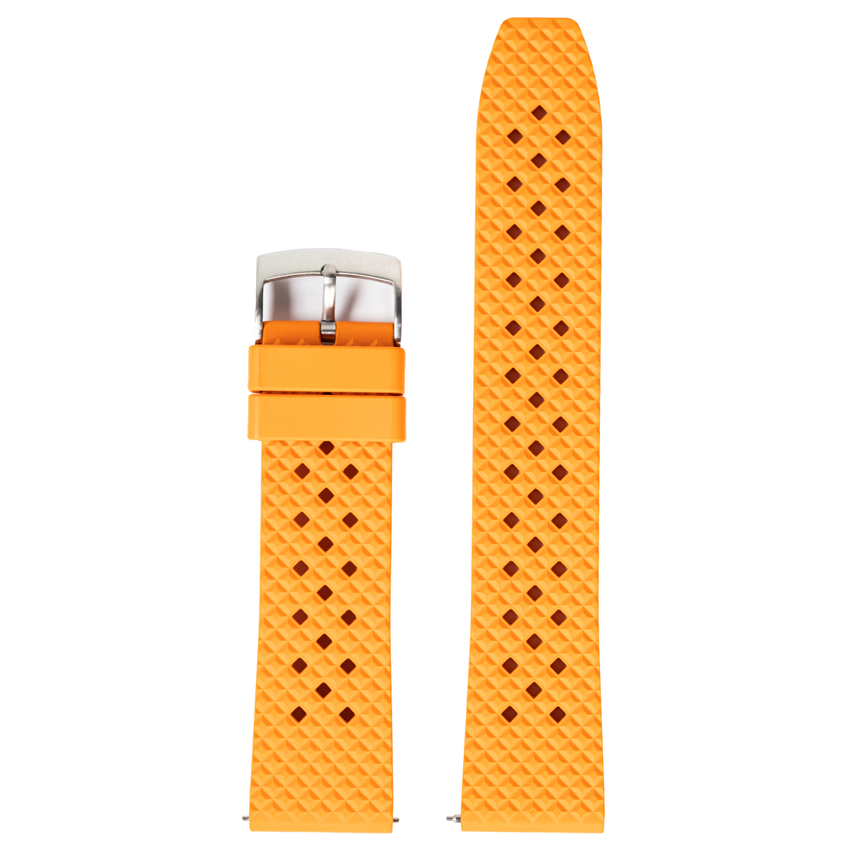 Orange FKM rubber Apple Watch band with honeycomb texture and diamond quilting pattern, displayed with stainless steel buckle
