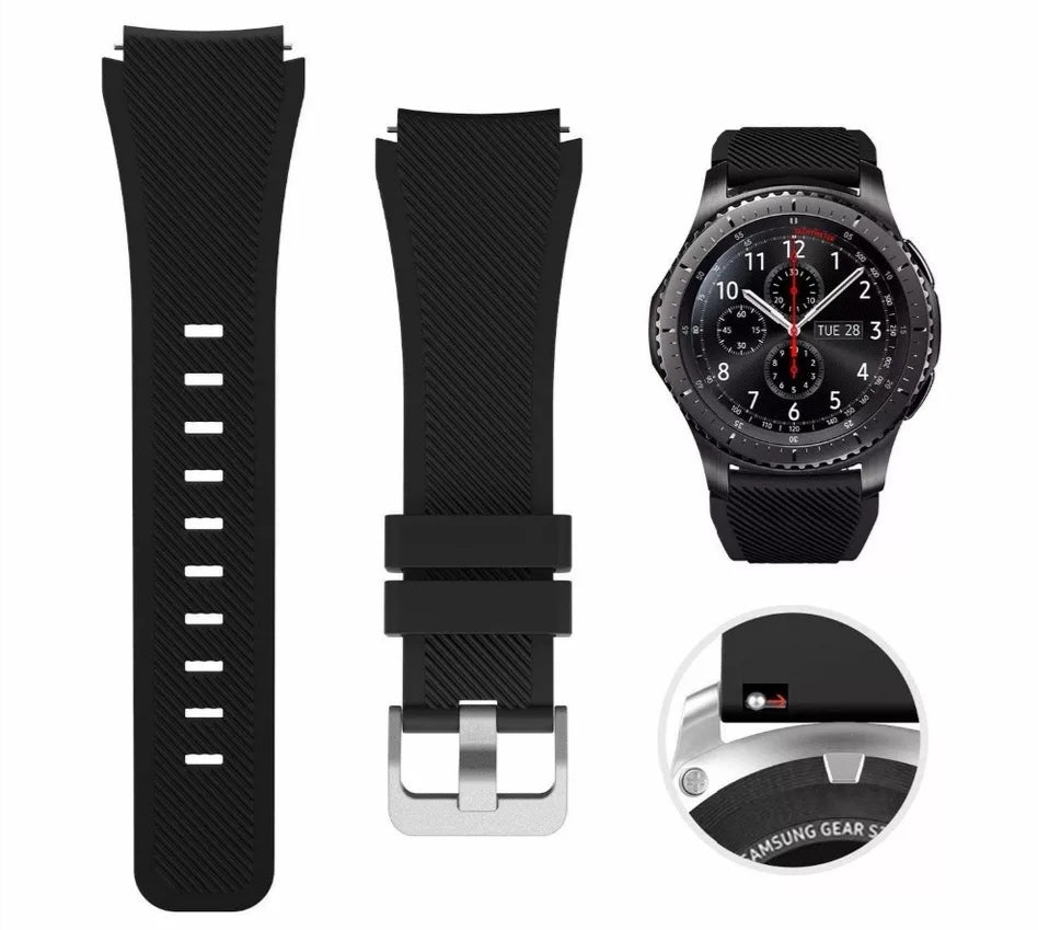 Black silicone quick release watch band with diagonal texture pattern and white dash markers, displayed with smartwatch and buckle close-up