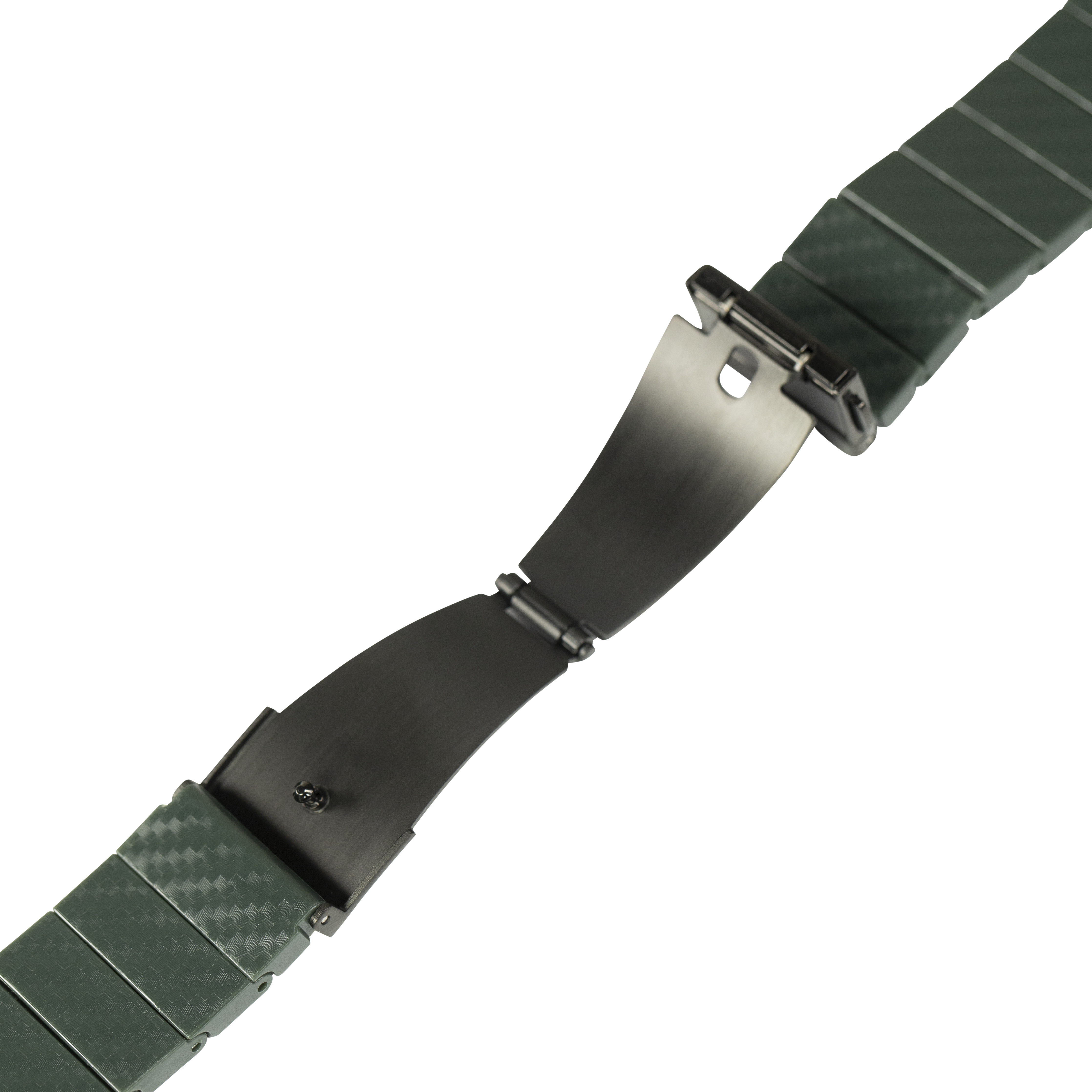 Green carbon fiber Apple Watch band with brushed metal buckle and modular links