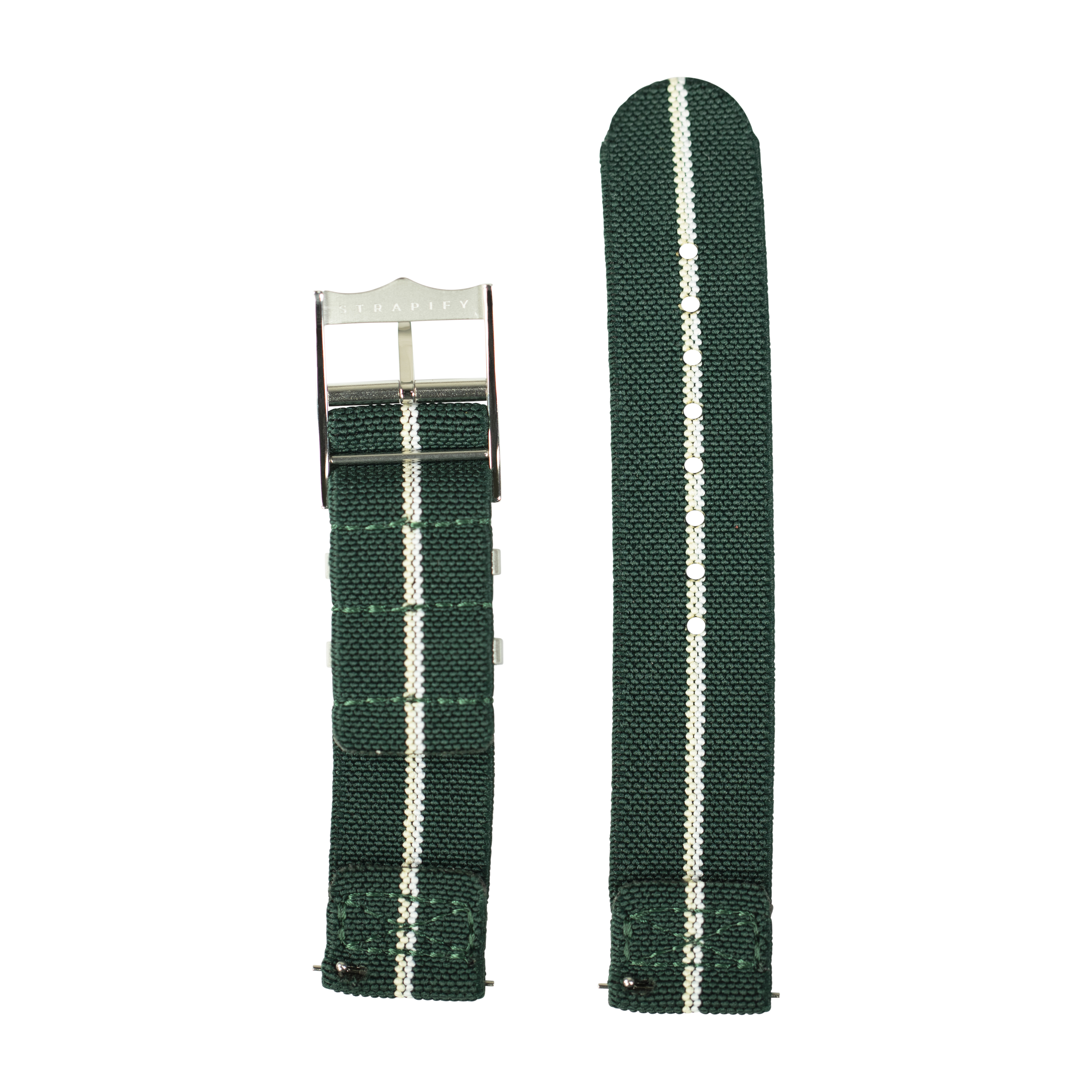 Green and white fabric quick release watch strap with metal buckle and elasticated weave design