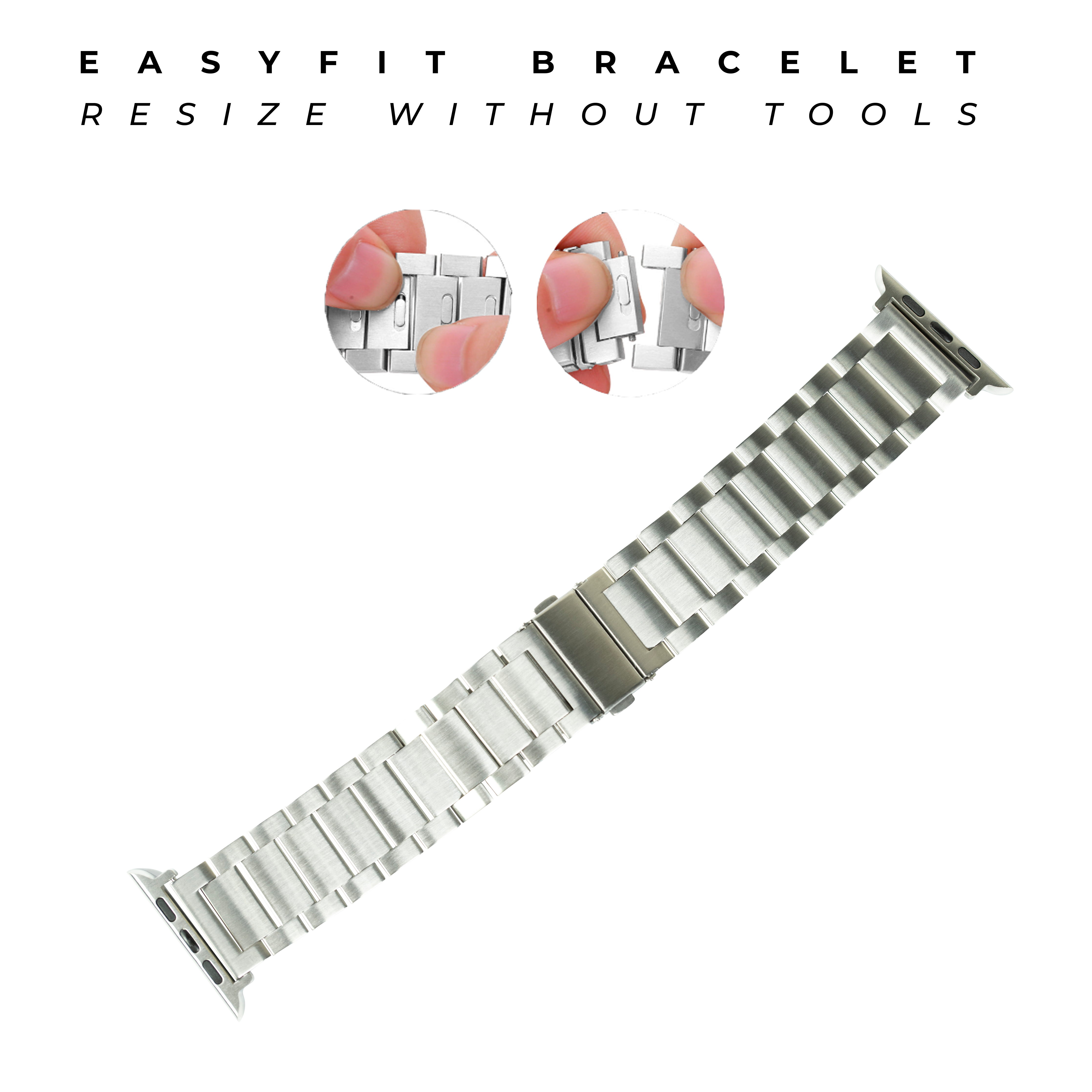Stainless steel Apple Watch band with easy-fit links and tool-free adjustment clasps shown open and closed