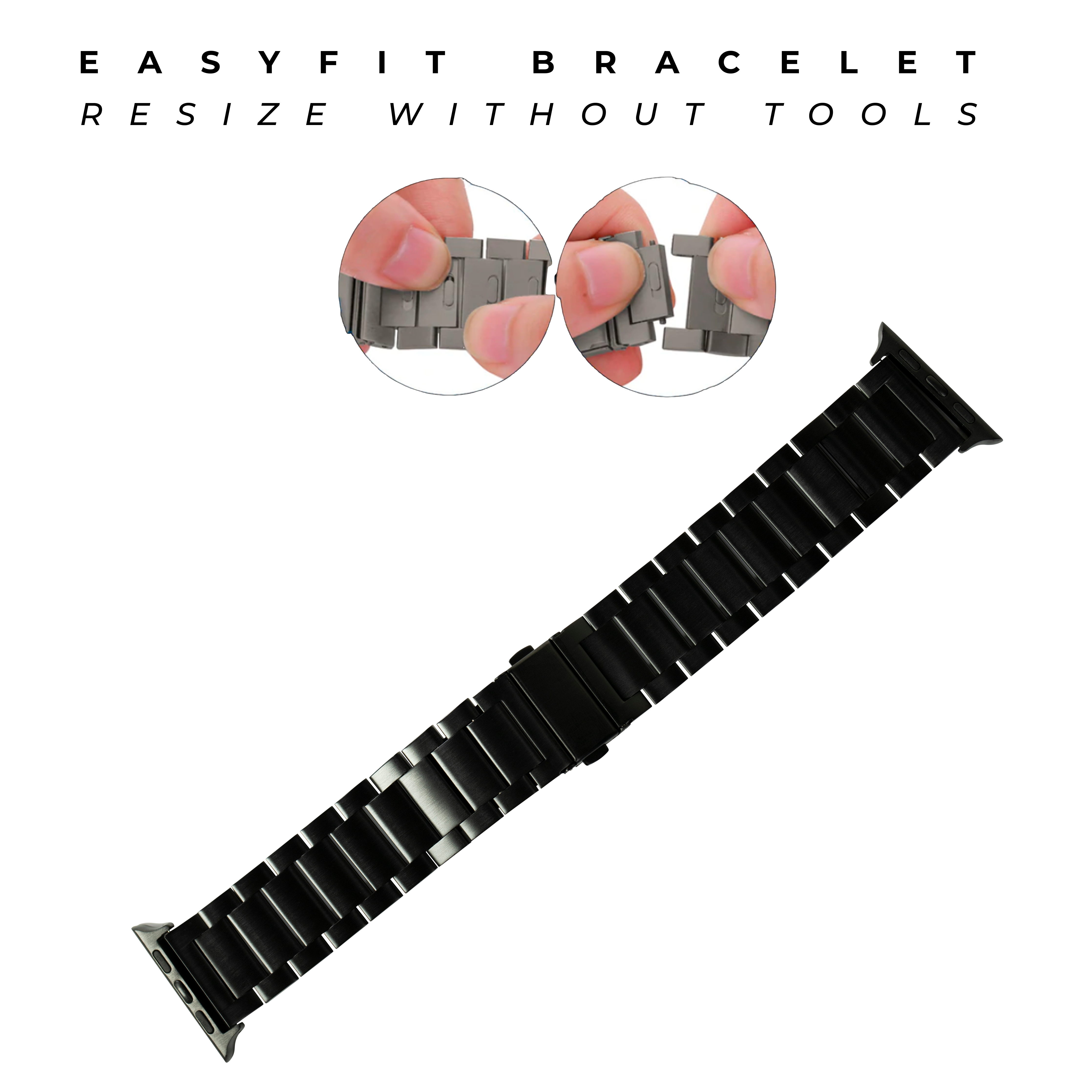 EasyFit black stainless steel bracelet for Apple Watch with tool-free adjustment demonstration