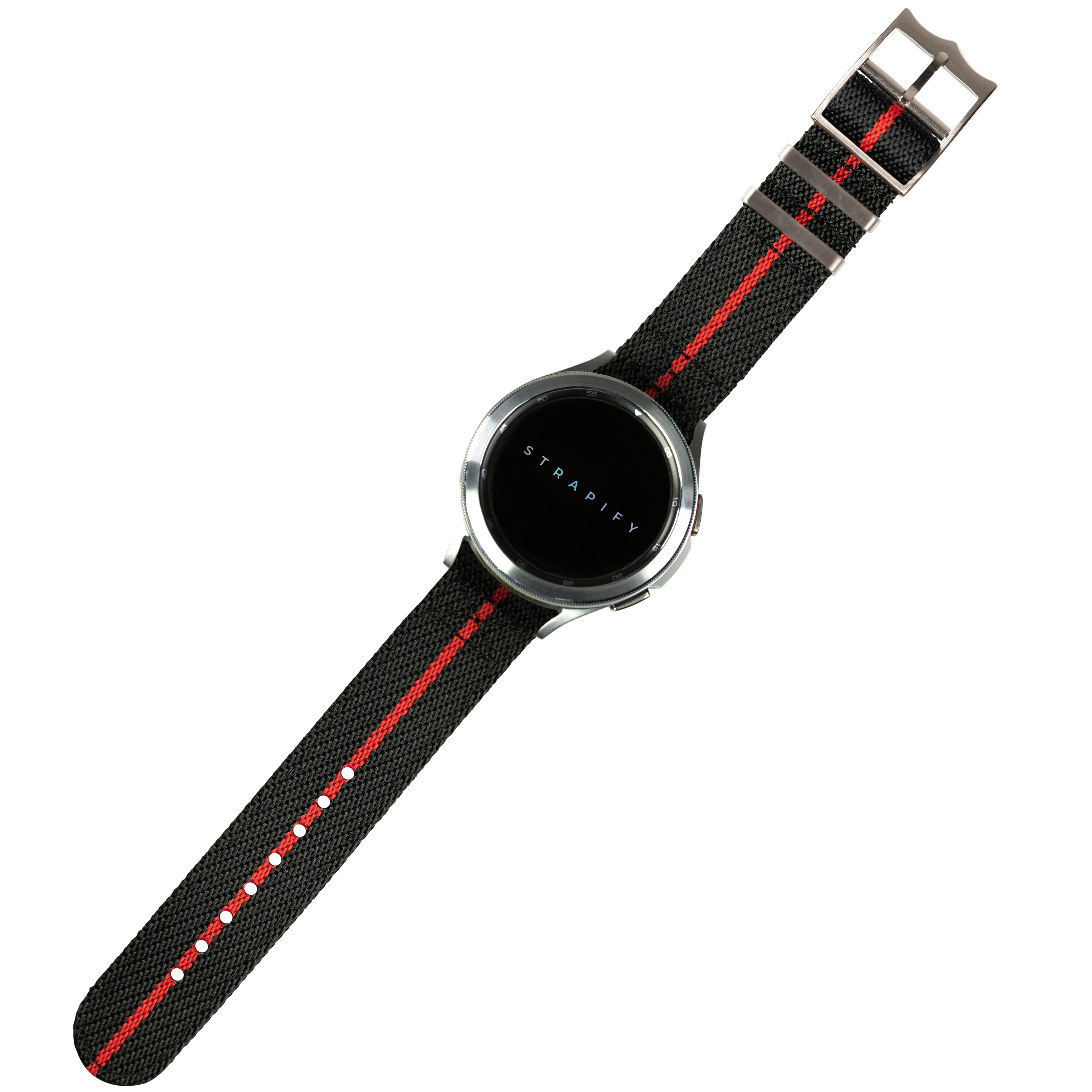 Stradify smartwatch with black nylon strap featuring red stripe accents and quick release buckle closure