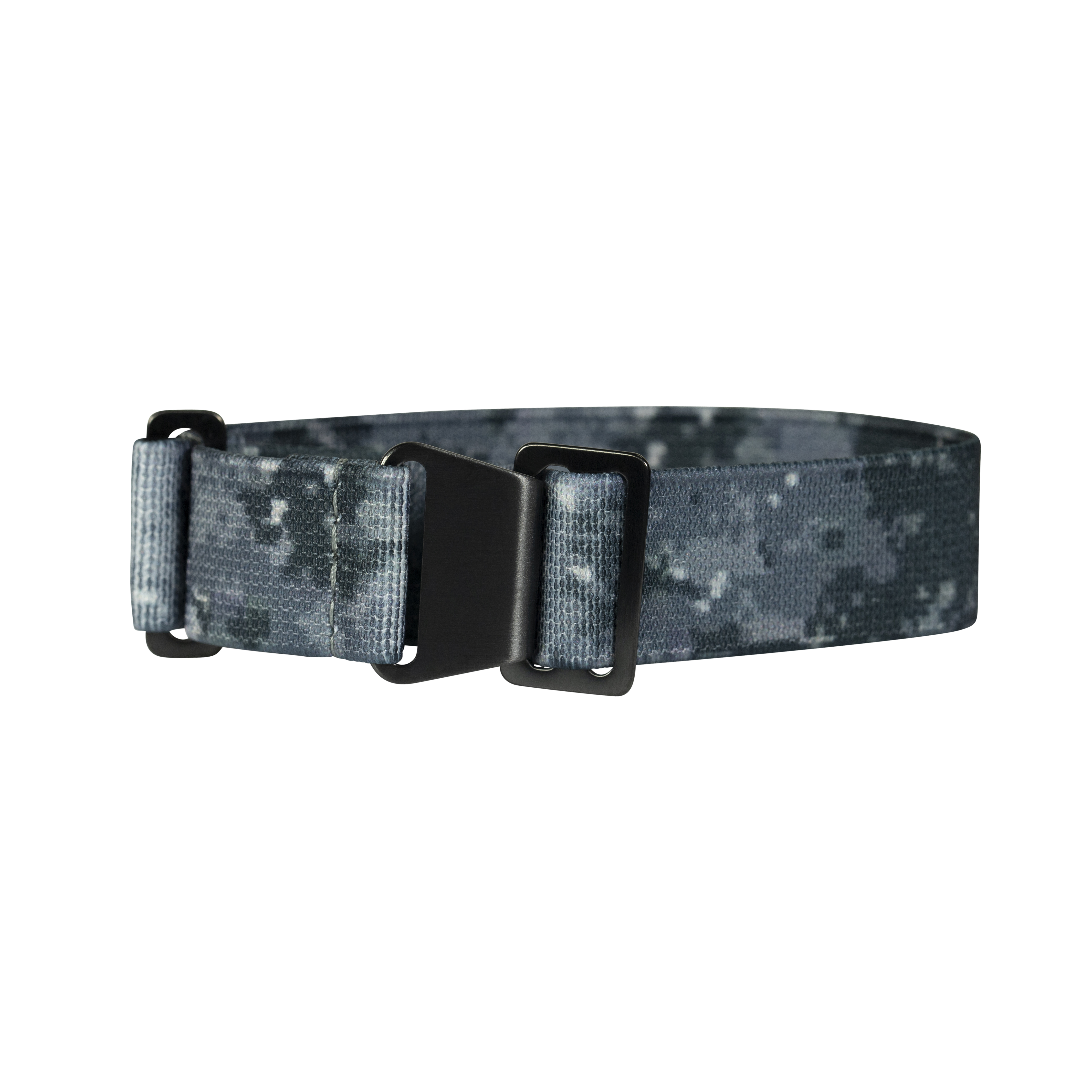 Digital camouflage tactical belt with black plastic buckle hardware and webbing construction