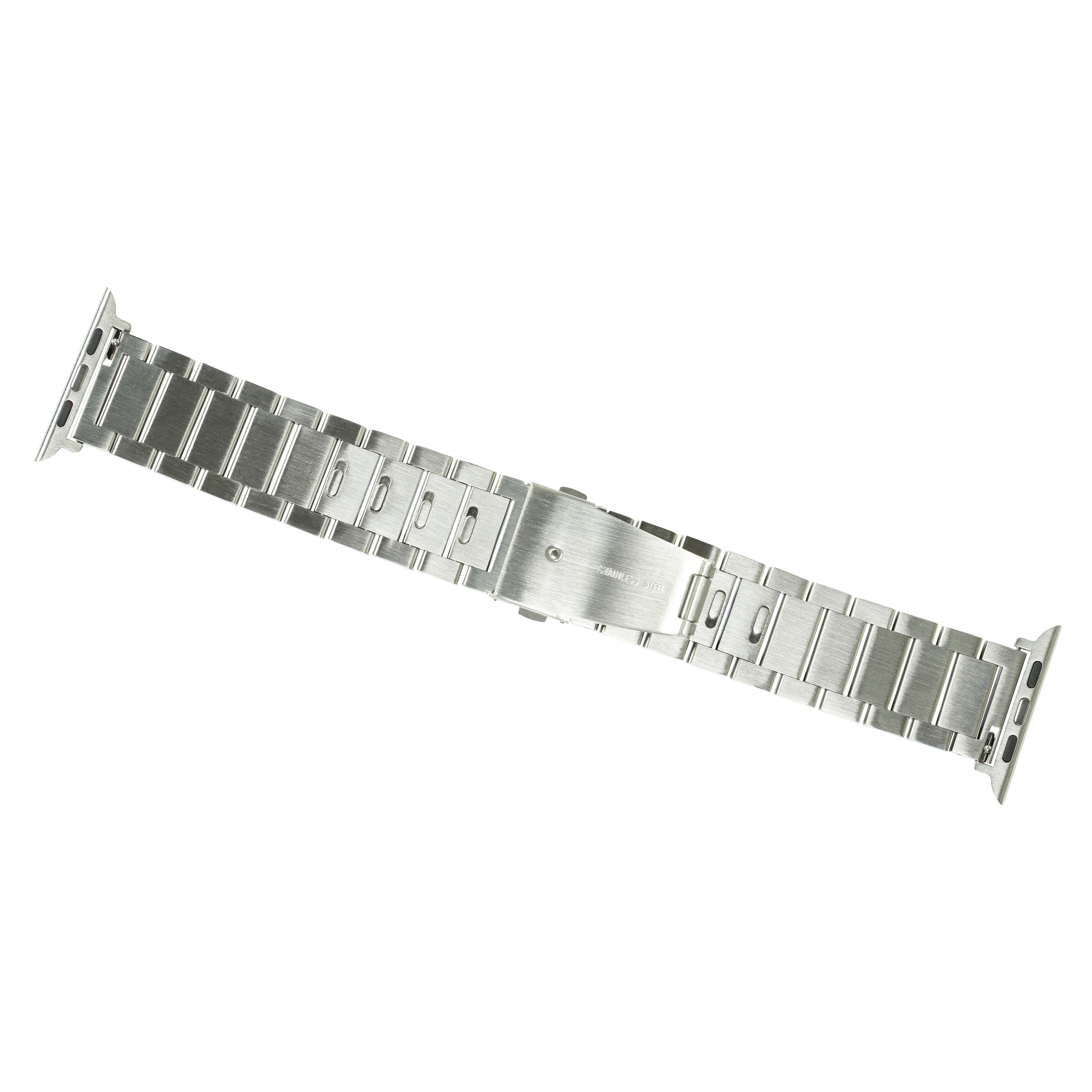 Silver stainless steel bracelet band for Apple Watch with metal link construction and quick-release connector
