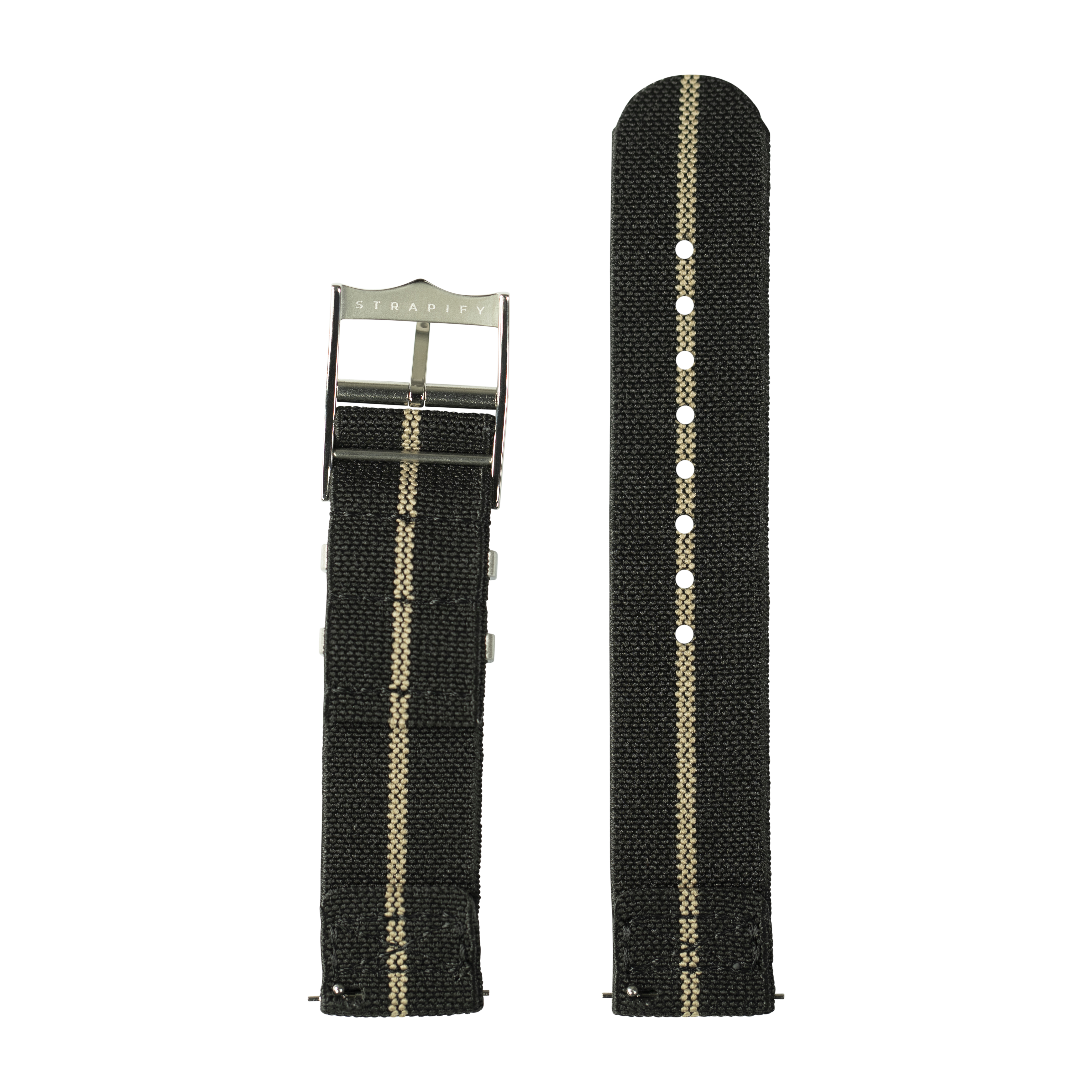 Black and tan fabric quick release watch strap with metal buckle and white stitching detail