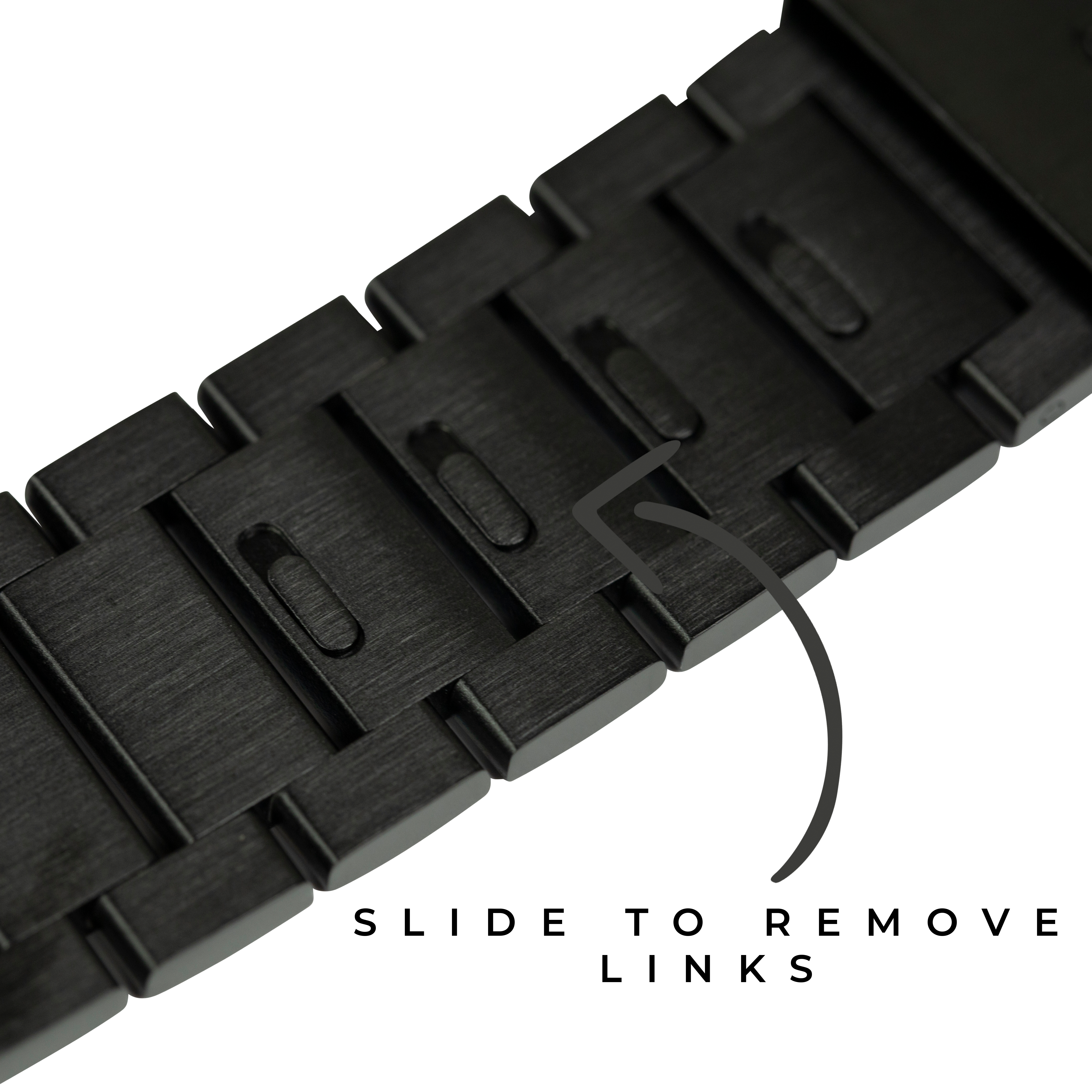 Black stainless steel Apple Watch bracelet with removable links and slide-to-remove mechanism shown on white background