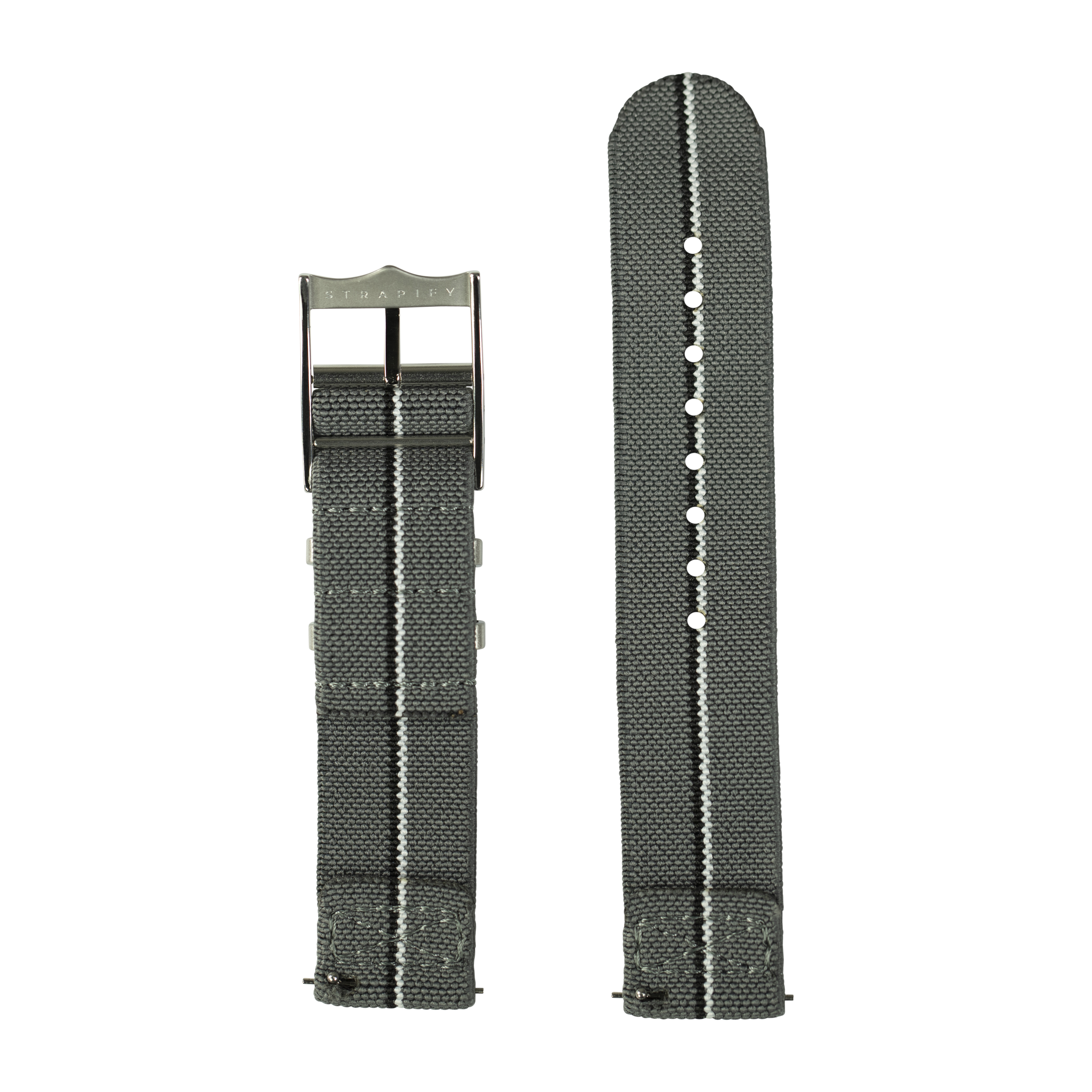 Grey fabric quick release watch strap with white contrast stitching and metal buckle closure