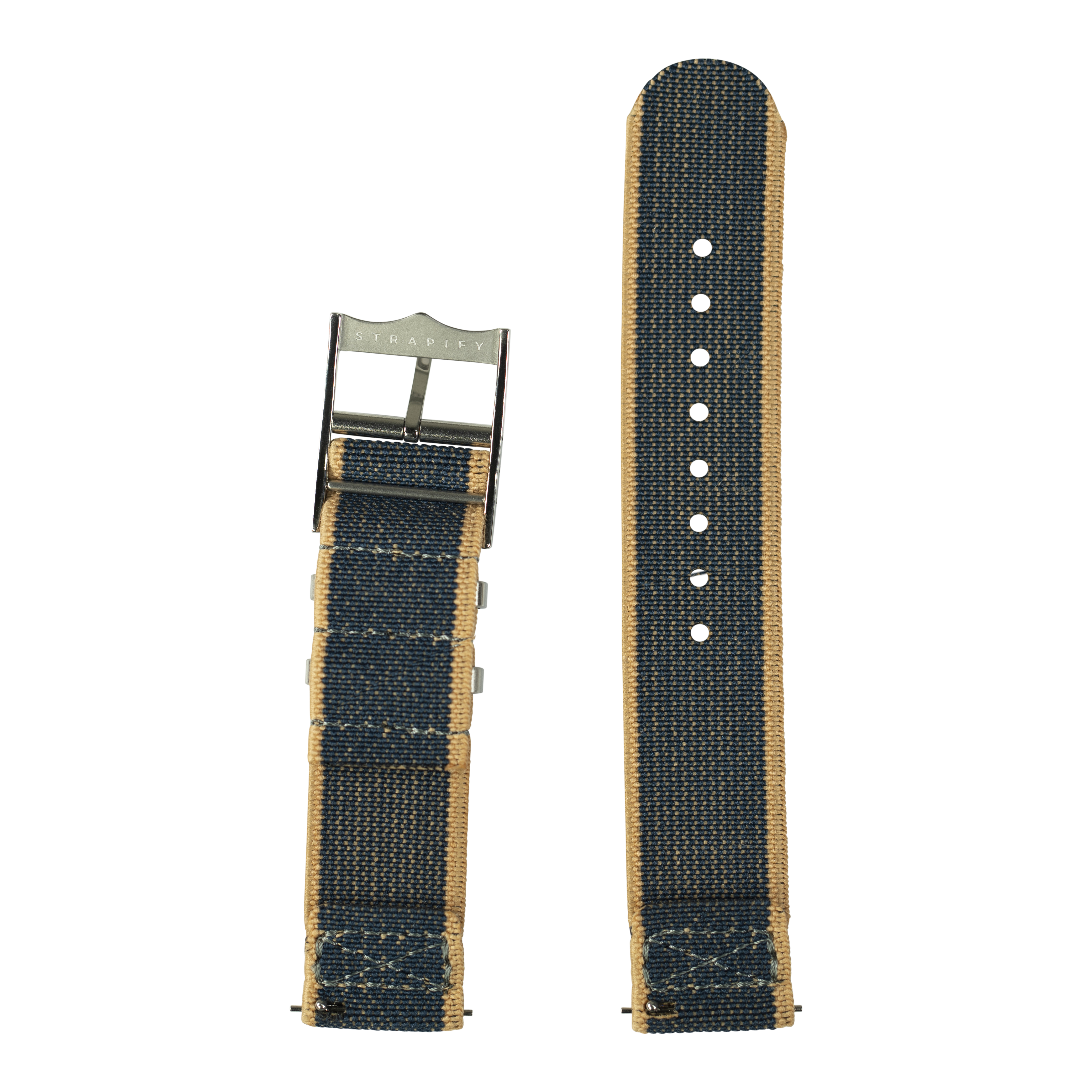 Denim wheat fabric quick release watch strap with metal buckle and white stitch holes