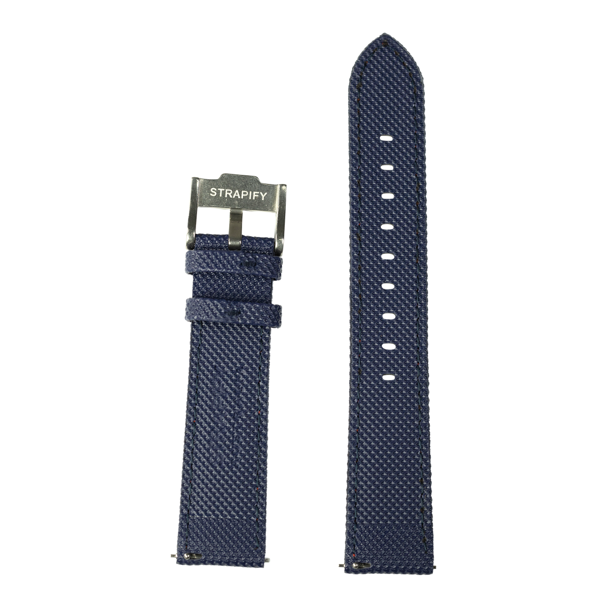 Navy blue sailcloth quick release watch strap with red stitching and gunmetal buckle