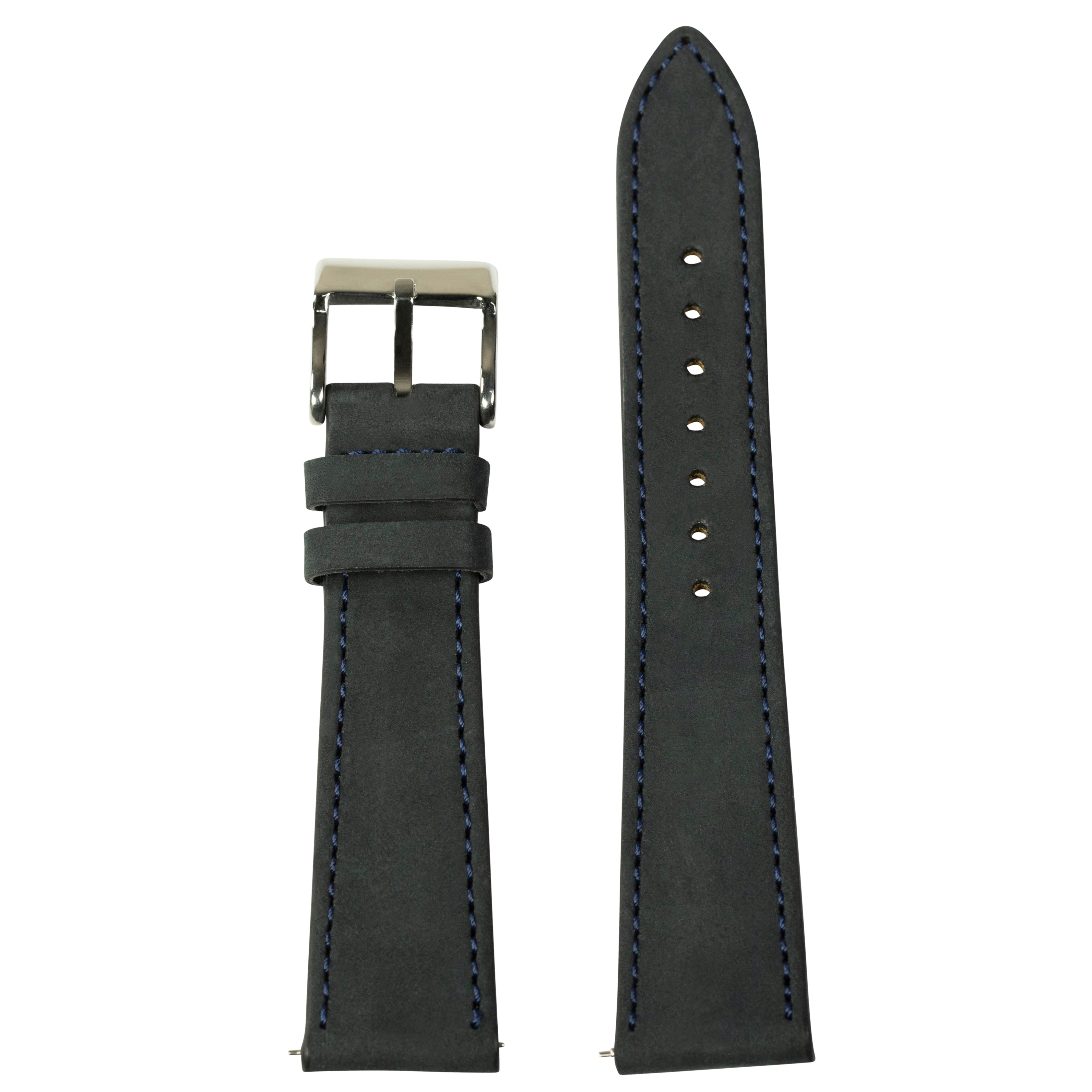 Black nubuck leather watch band with navy blue stitching and stainless steel buckle