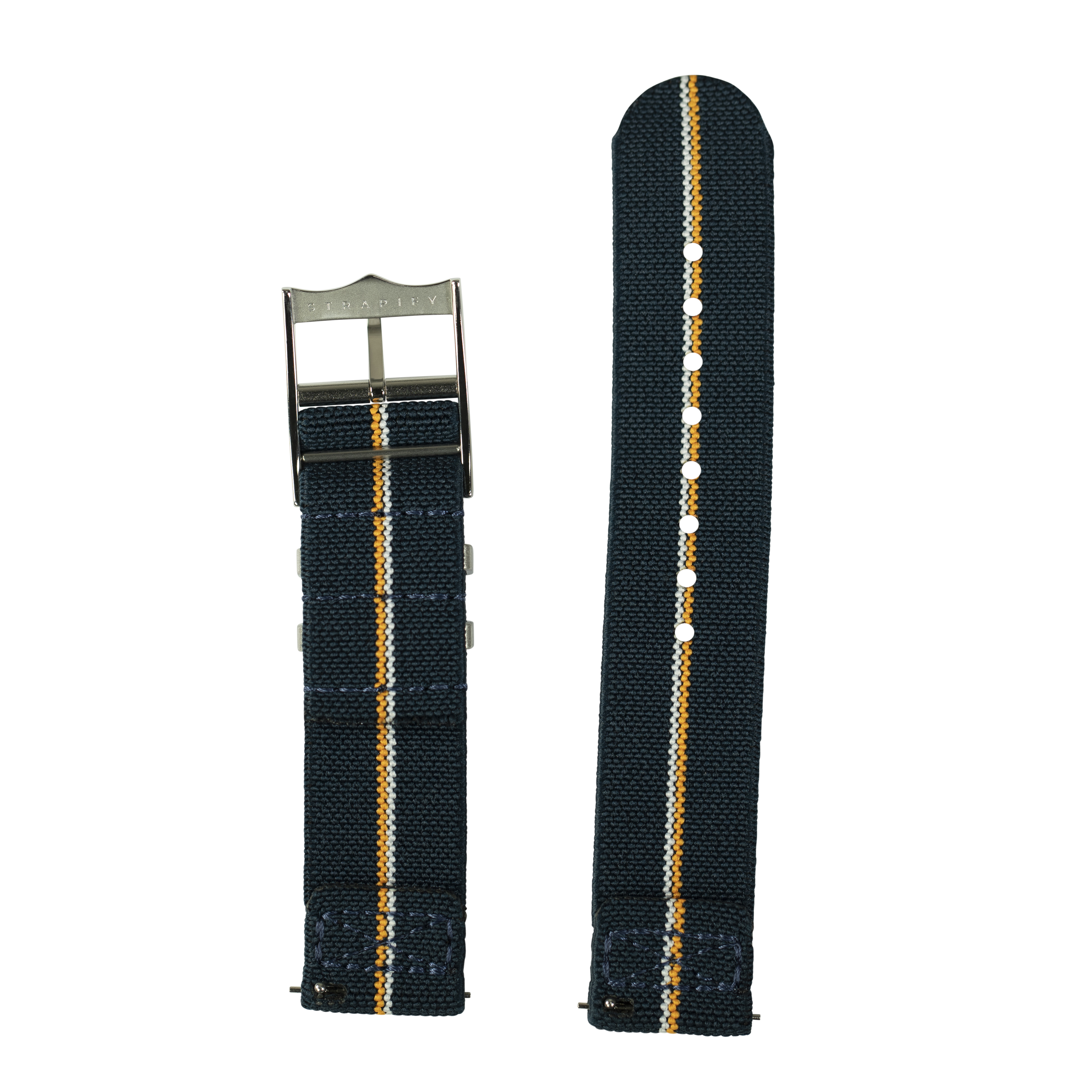 Navy blue elastic watch strap with white and orange center stripe, quick release buckle, adjustable fit