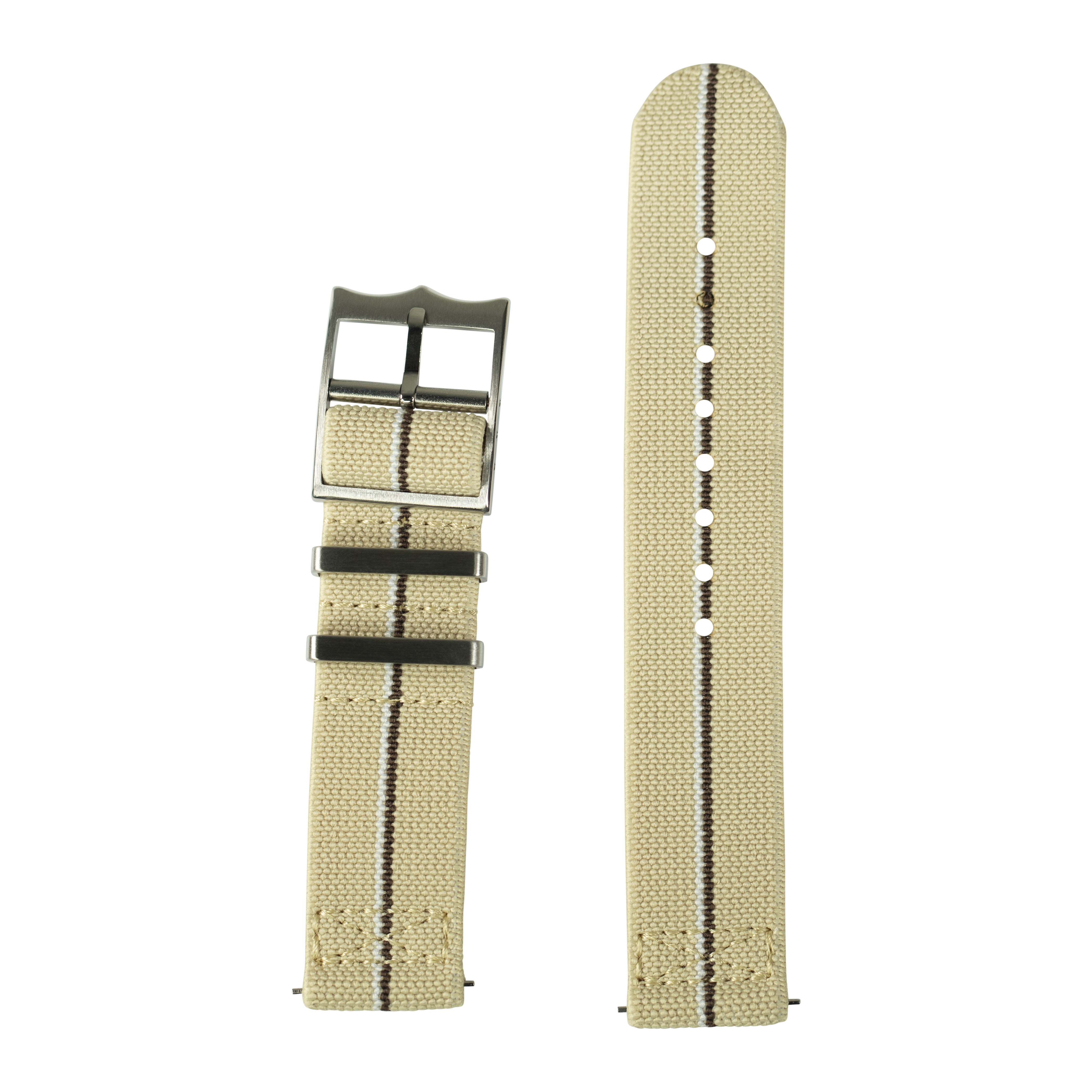 Beige canvas quick release watch strap with black stripe and metal buckle hardware