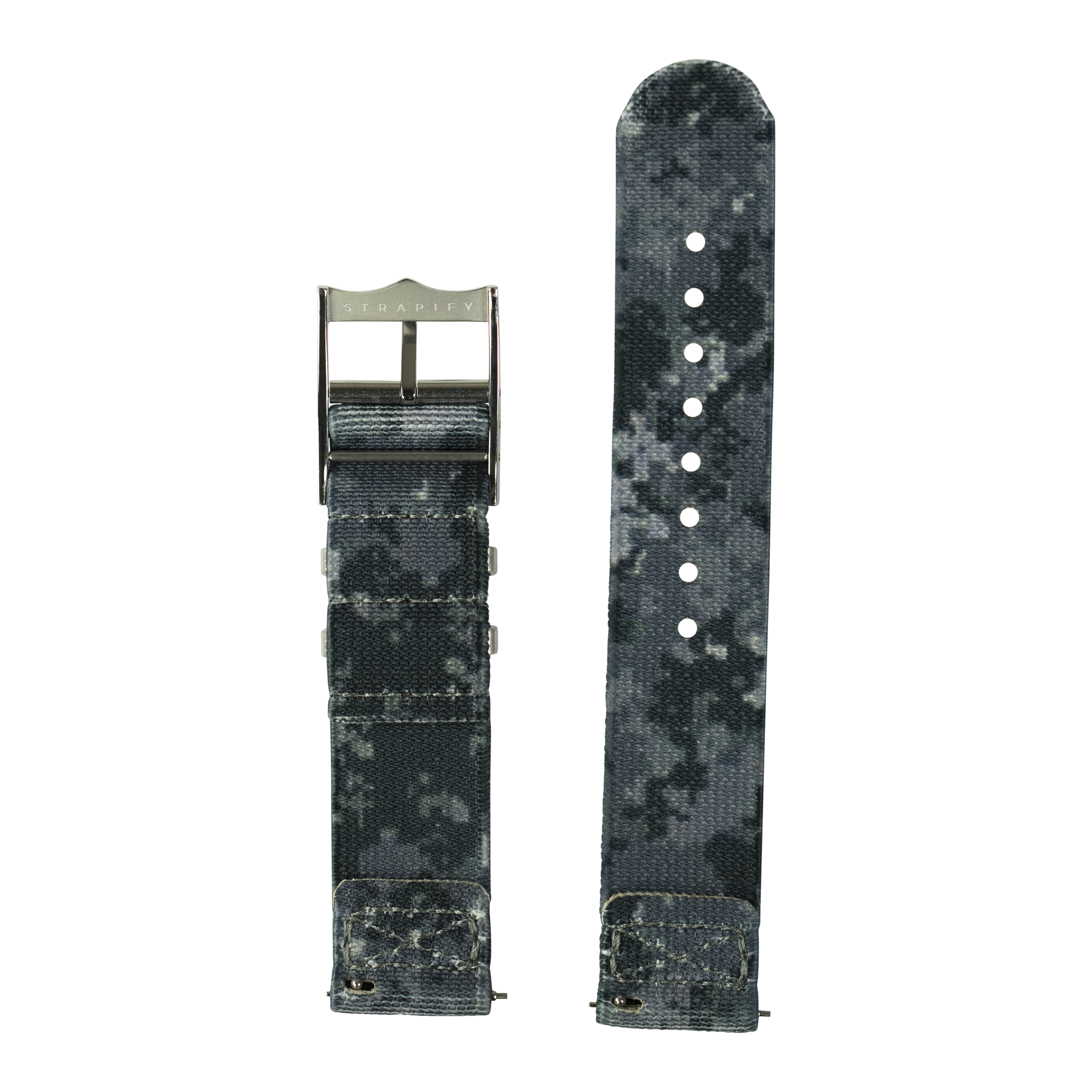 Charcoal digital camo elastic quick release watch strap with metal buckle and perforated design