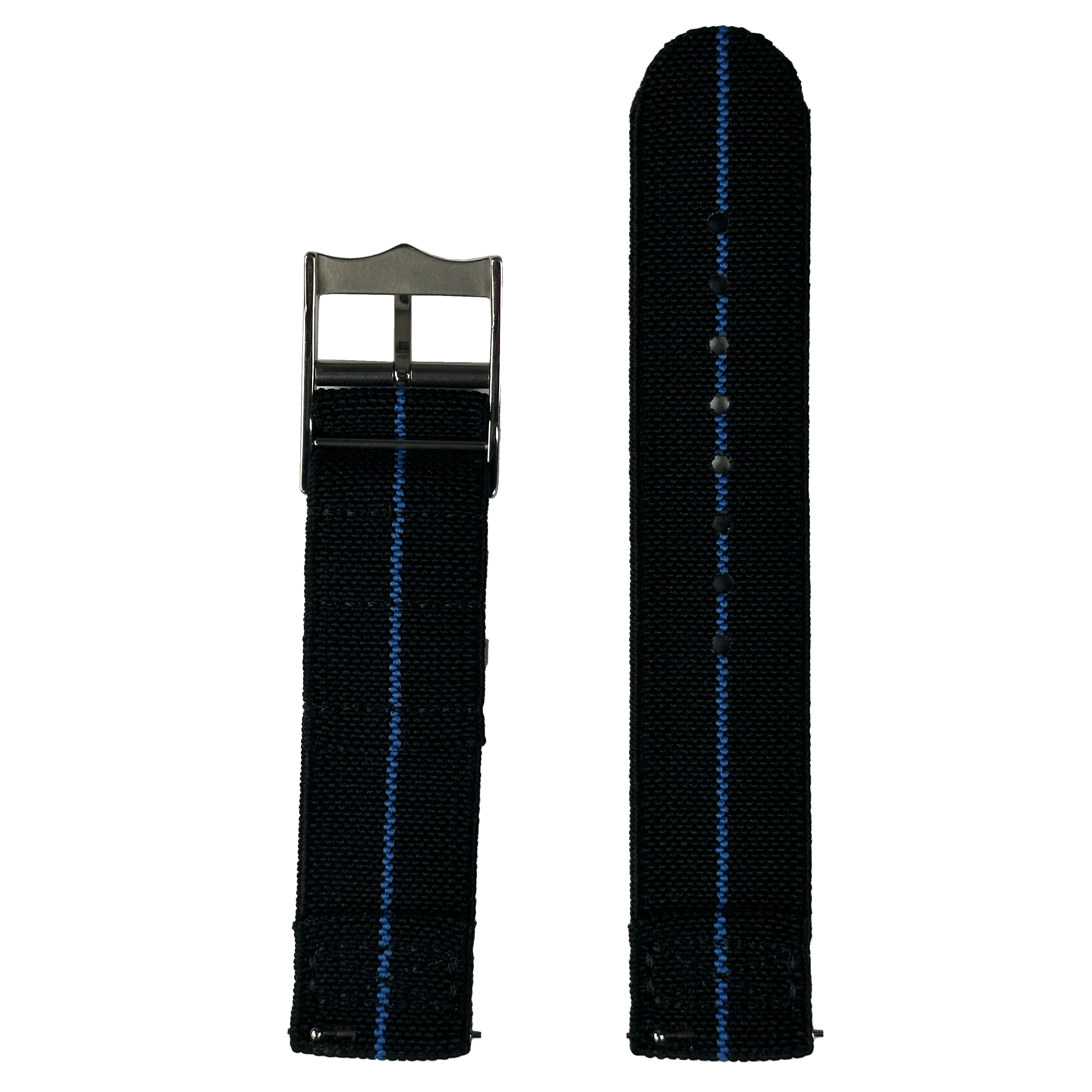 Black and blue elastic watch band with quick release buckle and metal clasp, shown extended and rolled view