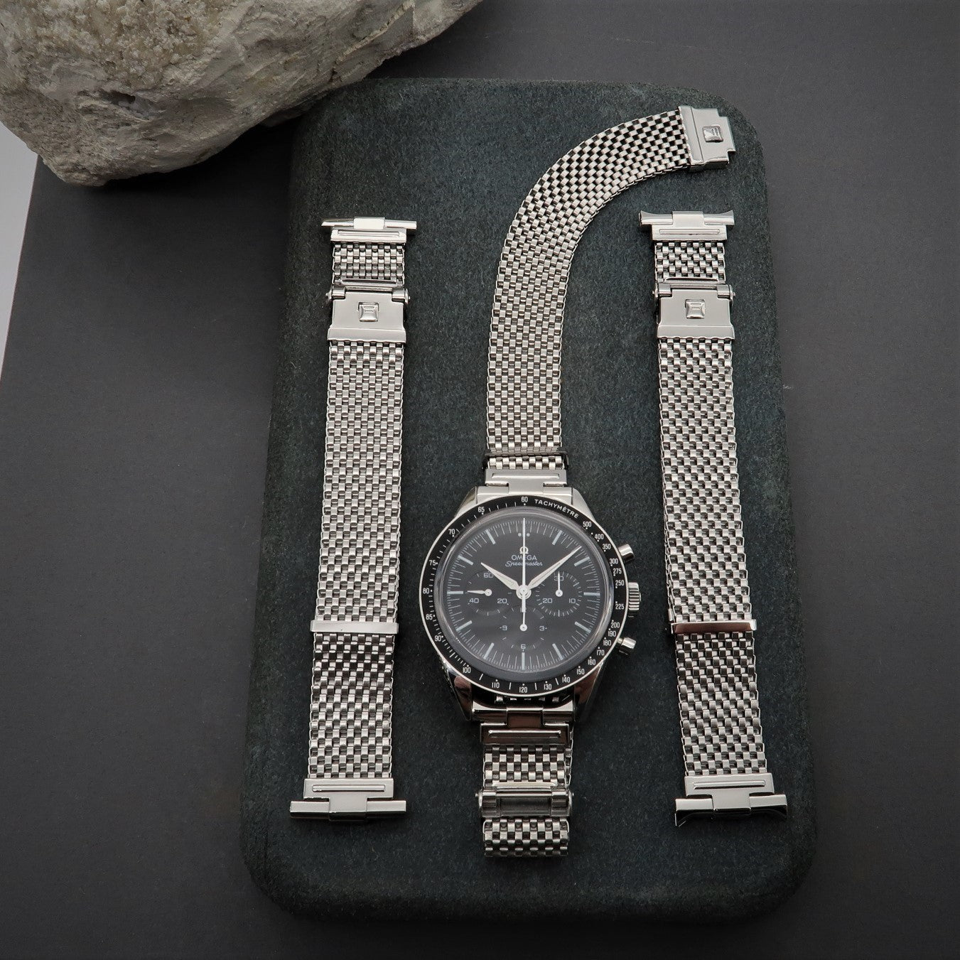 Silver stainless steel mesh watch bracelet with interchangeable horned end links and secure clasp for Omega and compatible watches