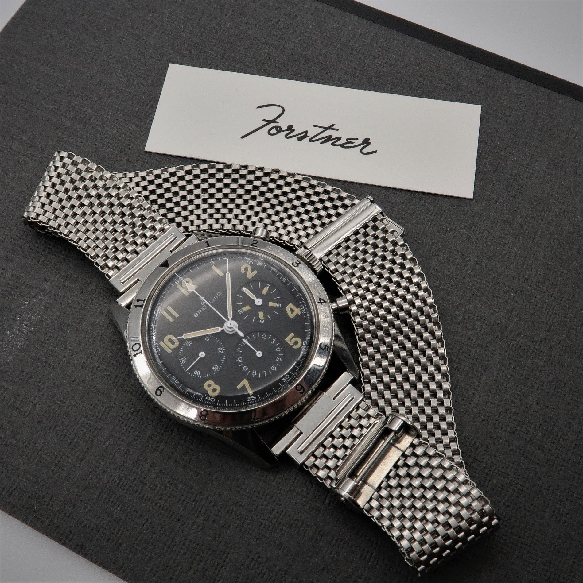 Forstner wide version Komfit JB mesh watch bracelet with straight ends in polished stainless steel