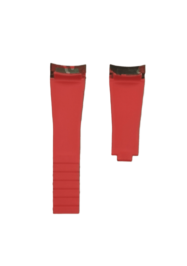 Red rubber watch strap with brown camo top section, curved fit design for sport watches