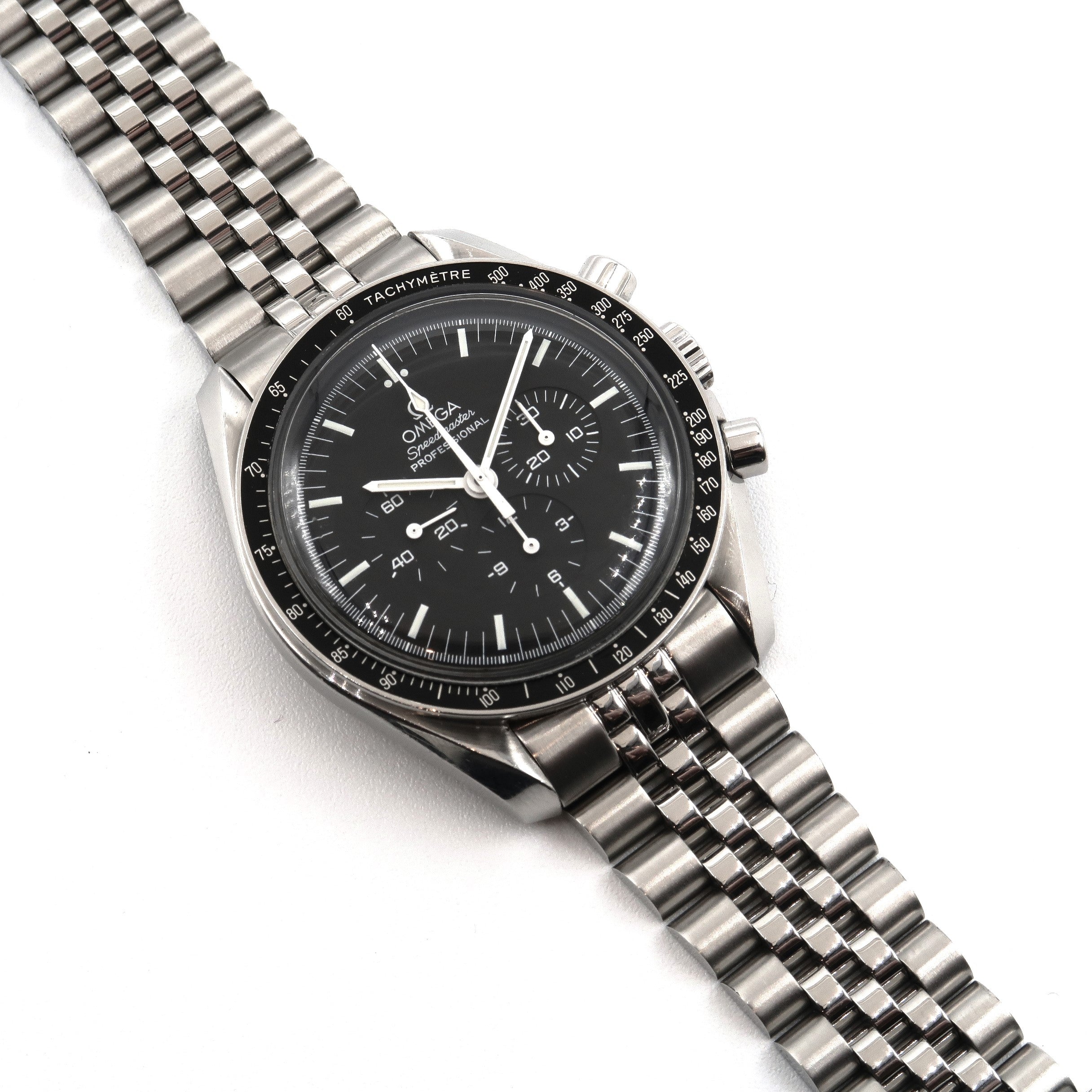 Omega Speedmaster Professional chronograph watch with black dial, tachymetre bezel, and stainless steel bracelet