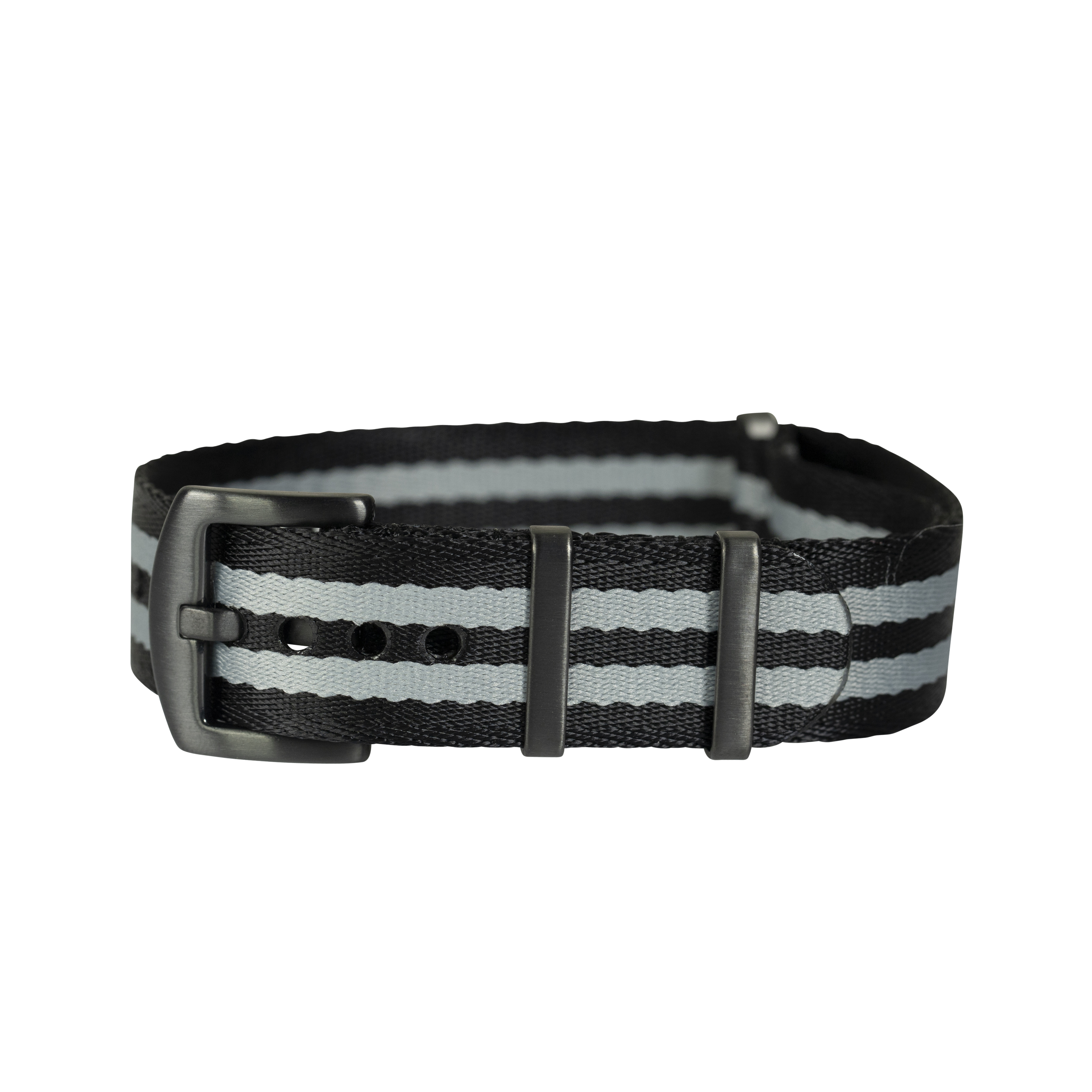 Black and white striped canvas belt with gunmetal hardware and keepers, military-style tactical design