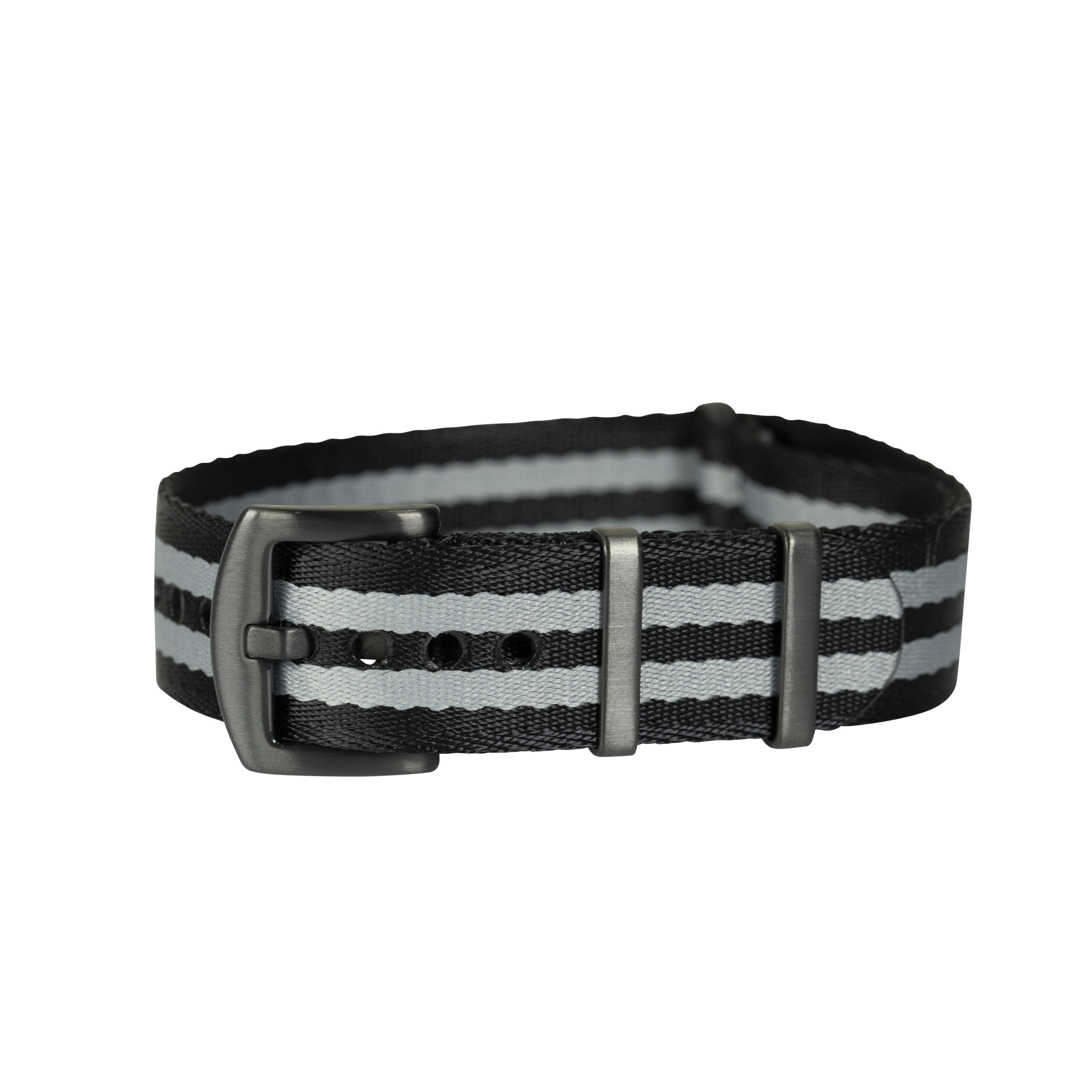 Black and white striped fabric watch strap with gunmetal hardware buckle and keeper loops