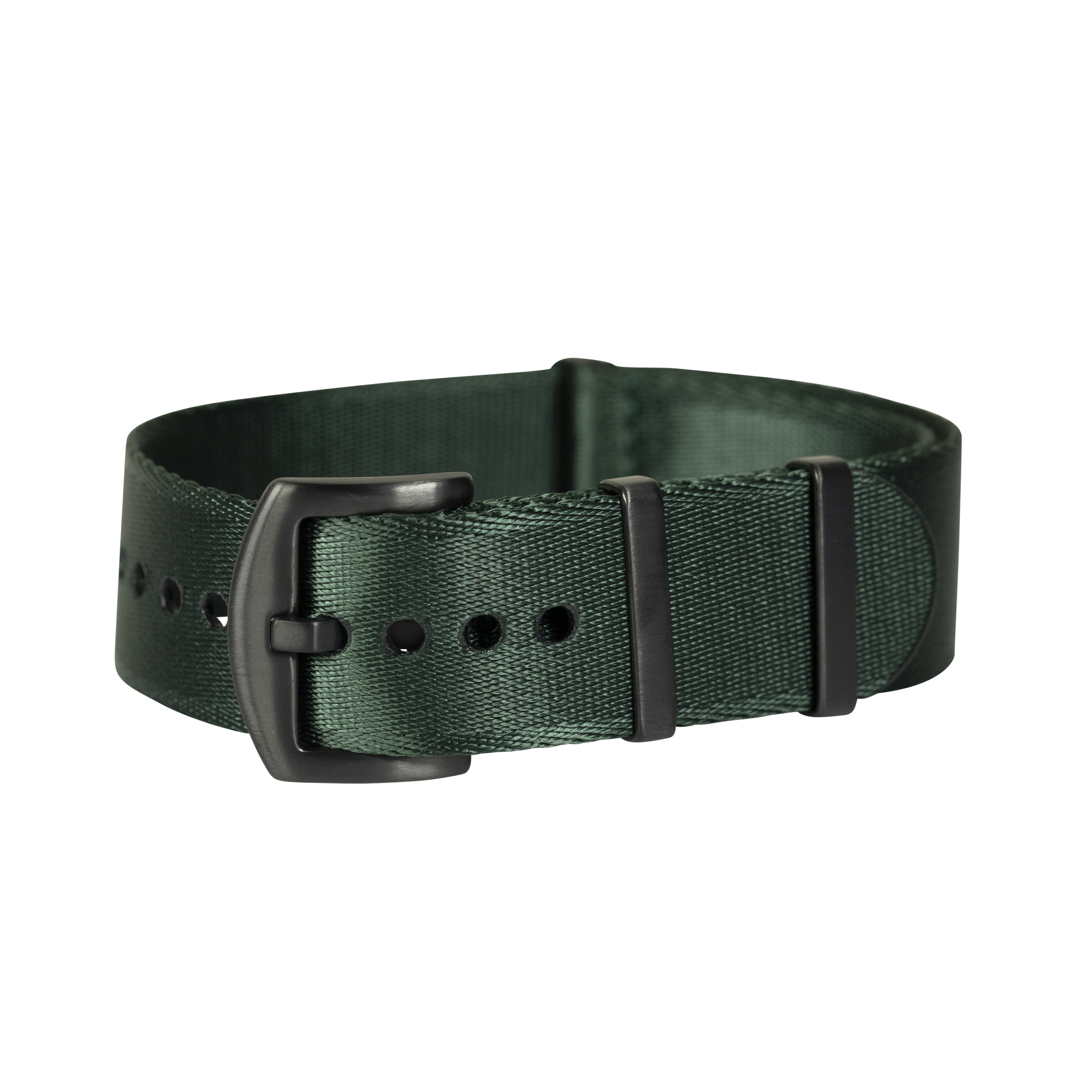 Forest green fabric watch strap with black metal buckle and hardware, military-style adjustable band