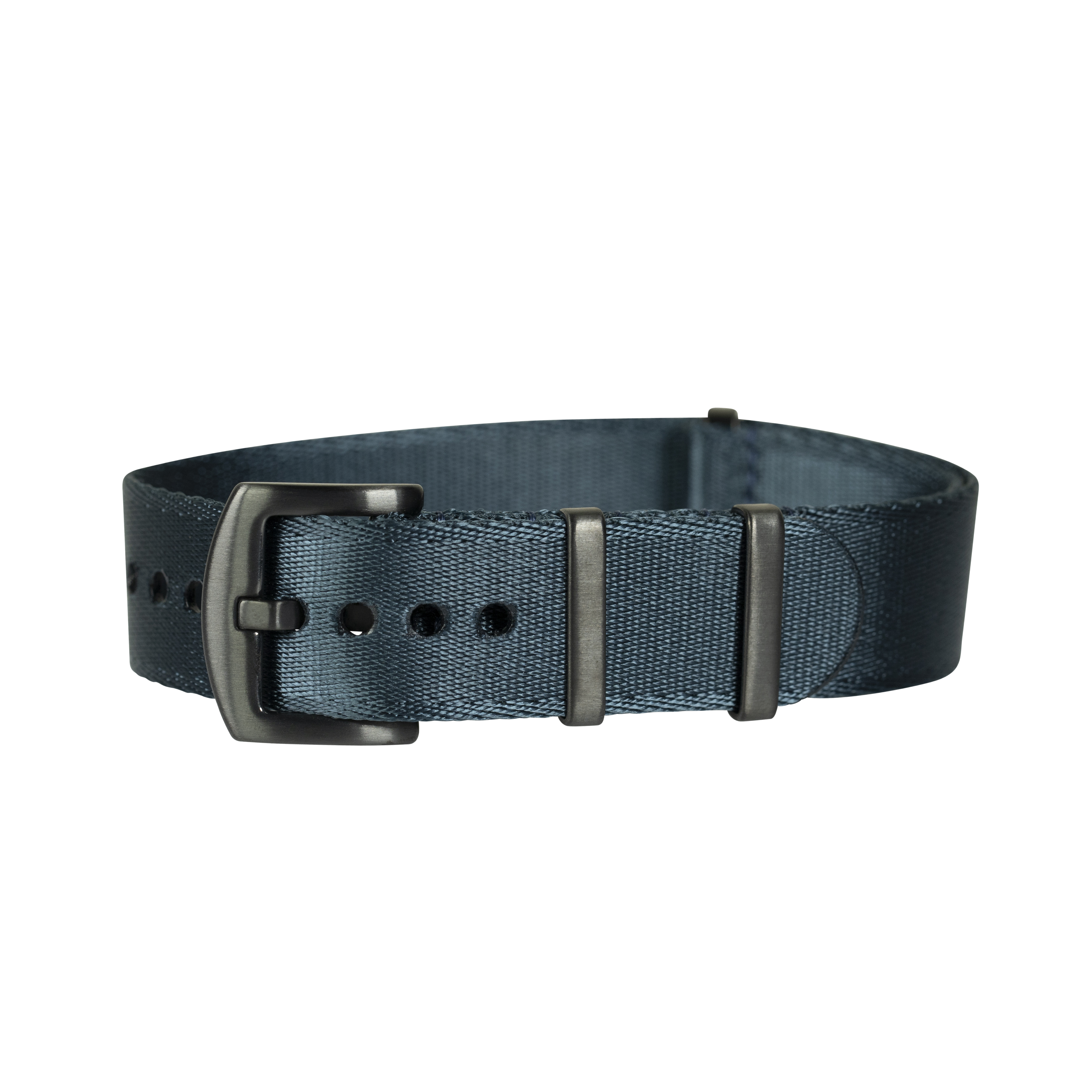 Dark blue fabric belt with gunmetal buckle and keepers, military-style webbing strap