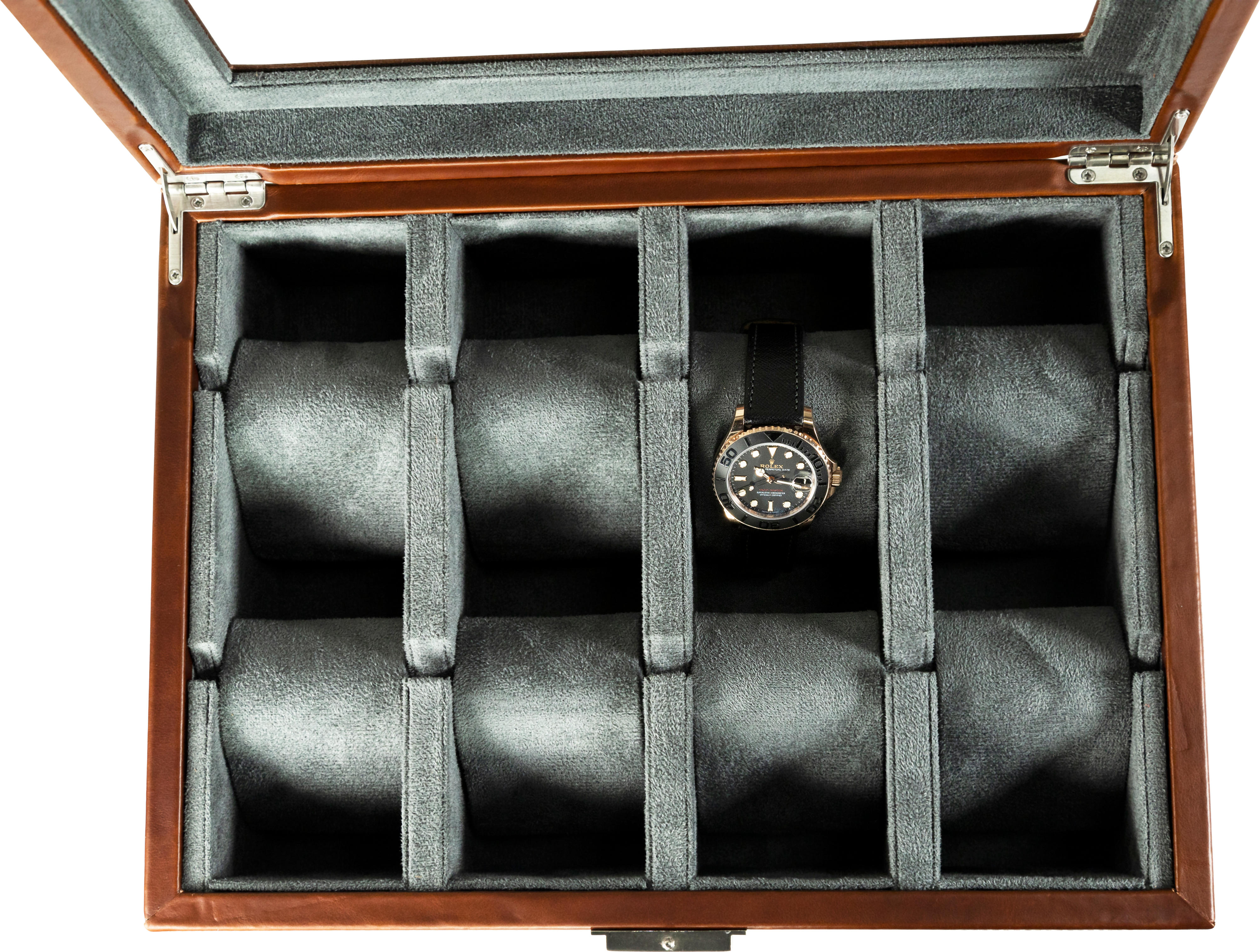 Jefferson - 8 Watch Box - Dark Brown Leather | Grey Velvet