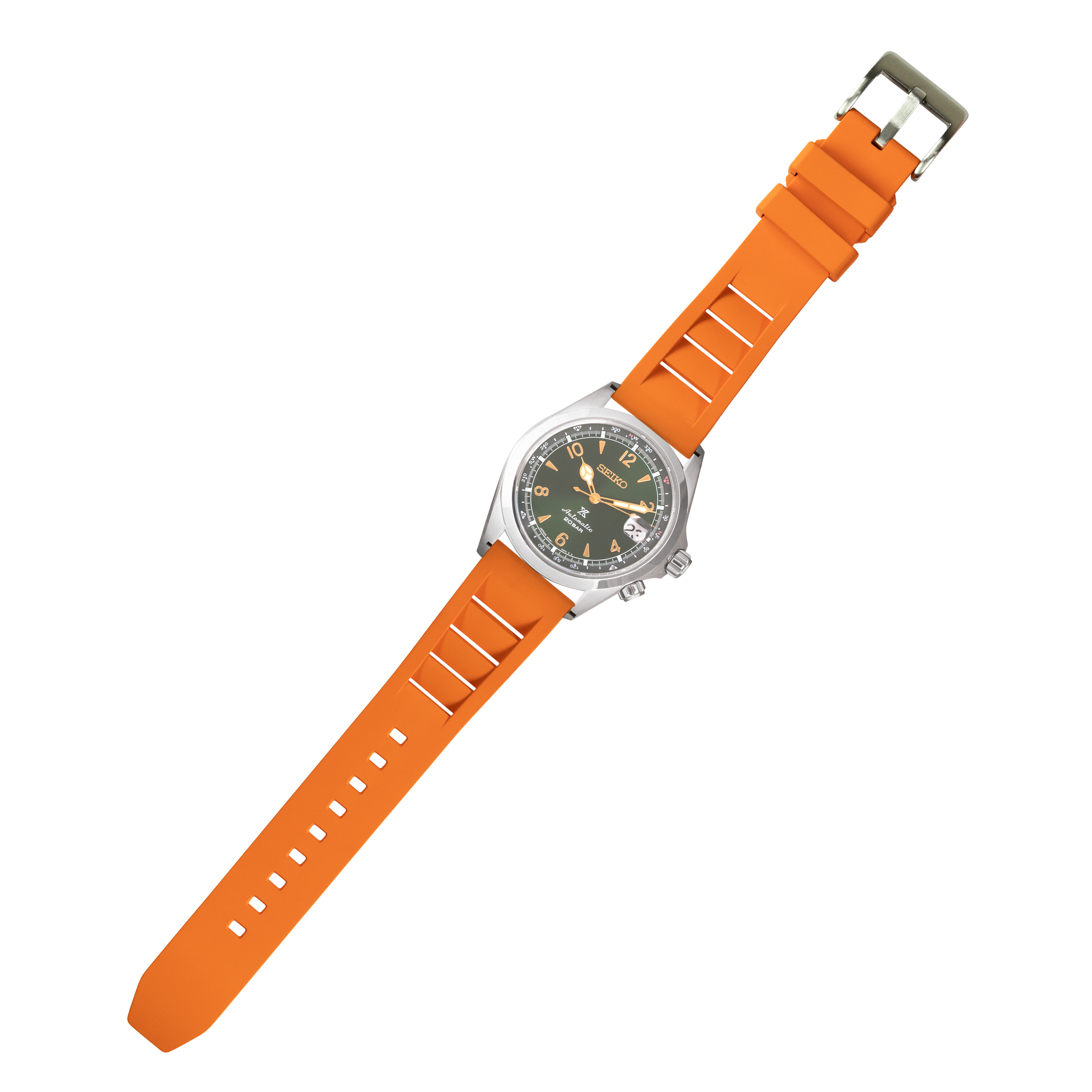 Seiko watch with stainless steel case, black dial, and bright orange FKM rubber quick release strap with white markers