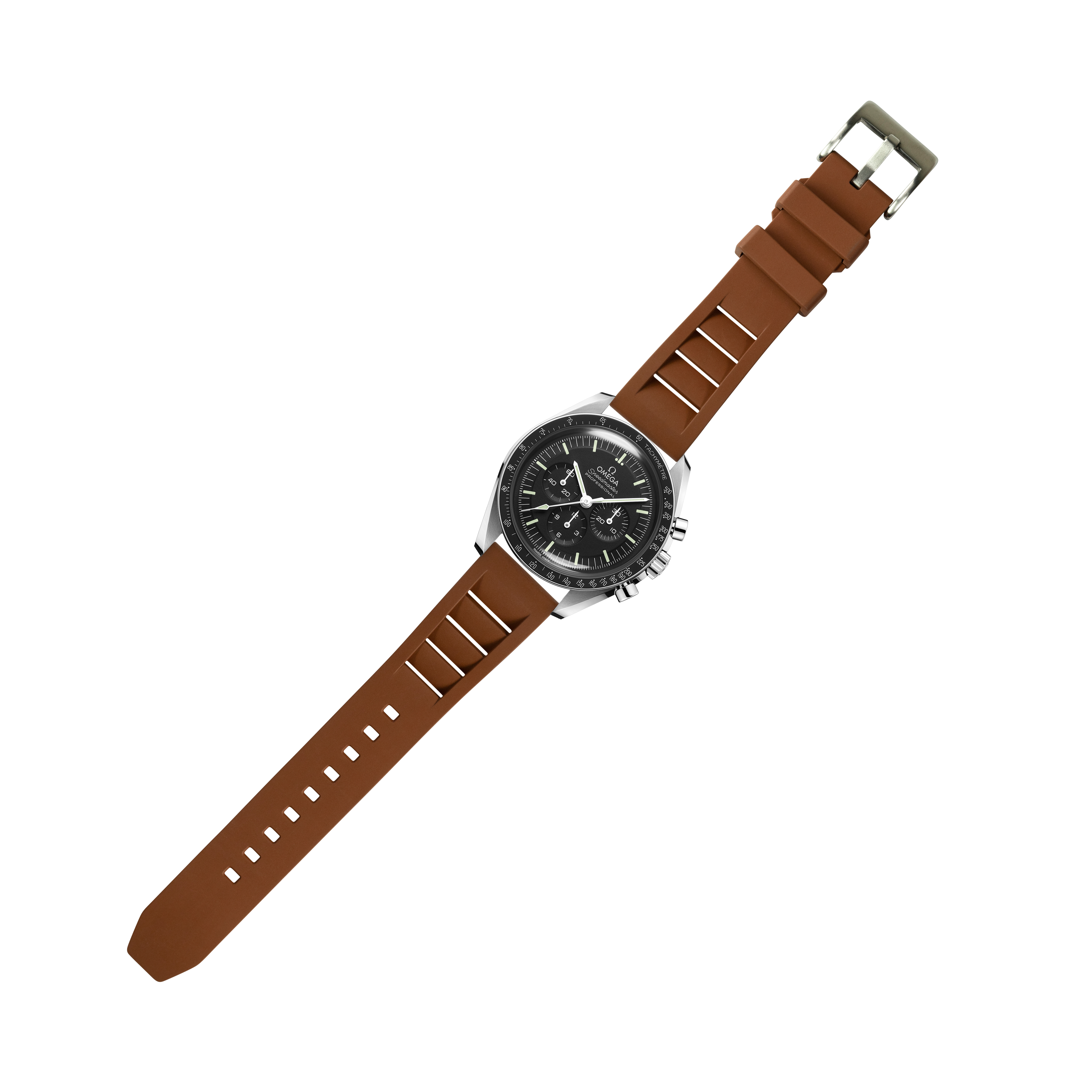 Stainless steel chronograph watch with black dial and brown FKM rubber quick release strap