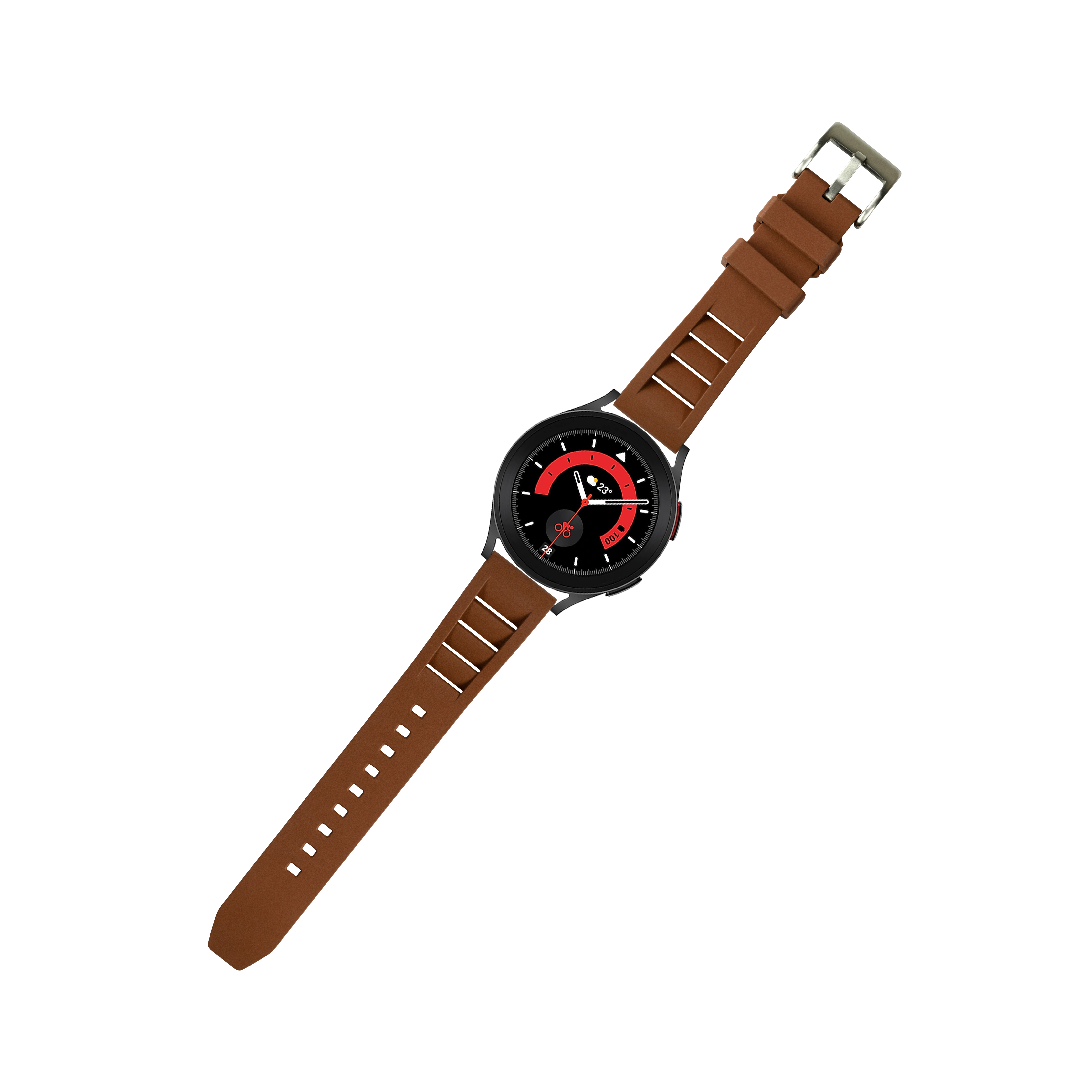 Brown FKM rubber quick release watch strap with shark fin design and silver buckle hardware