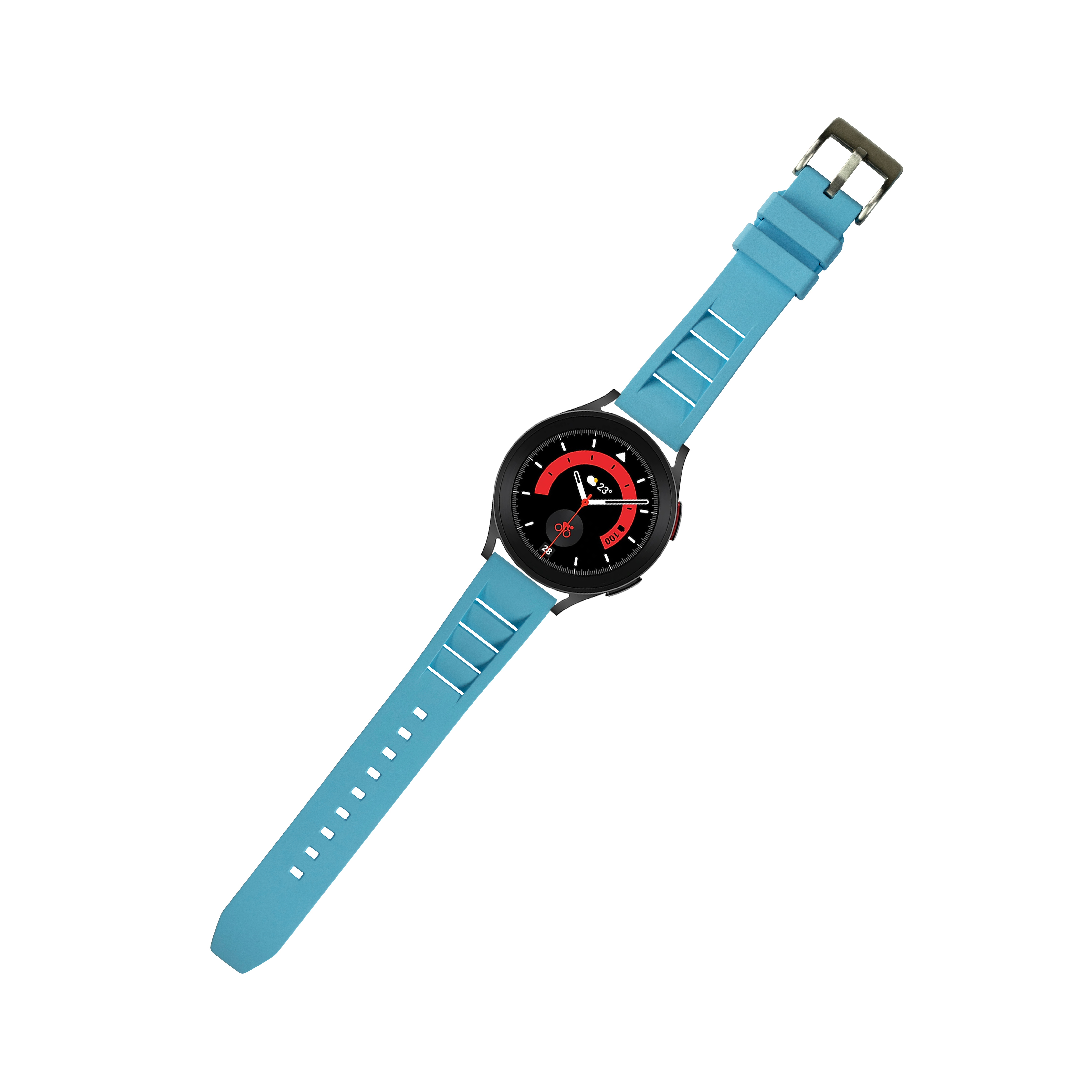 Black watch with red dial and sky blue rubber strap with quick release mechanism