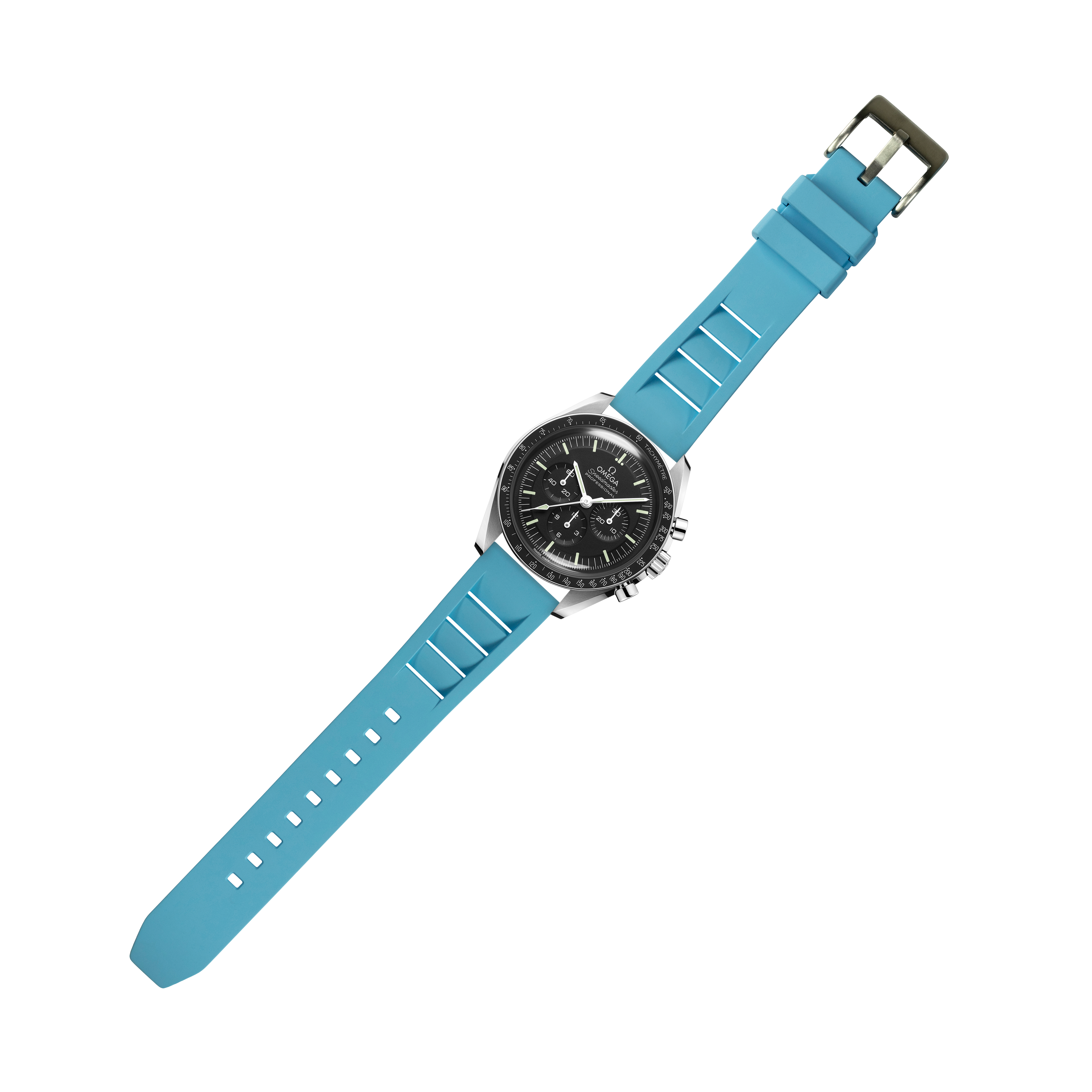 Chronograph watch with black dial and stainless steel case on sky blue quick release FKM rubber strap with shark fin design