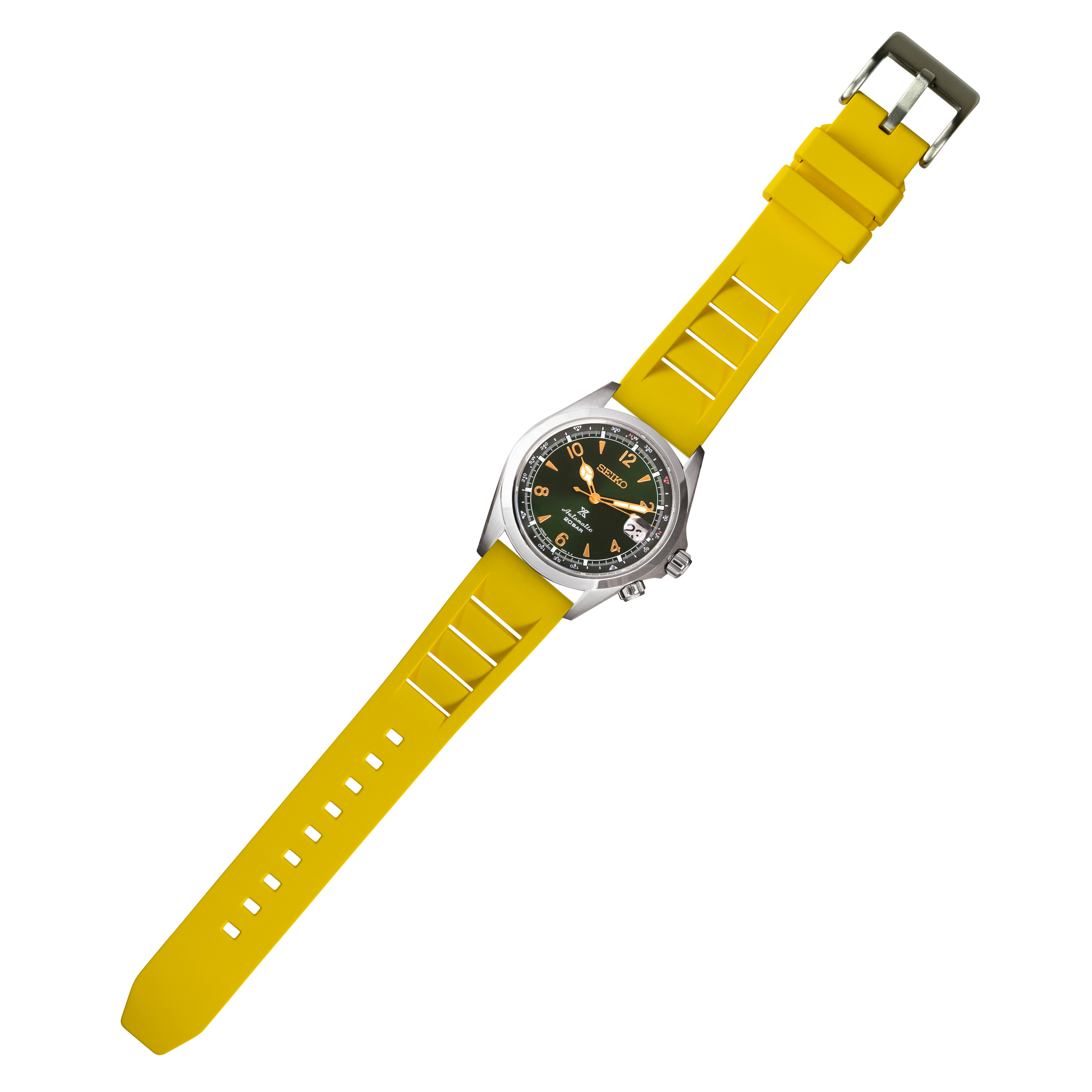 Seiko sports watch with black dial and yellow quick release FKM rubber strap featuring white hour markers and chronograph subdials