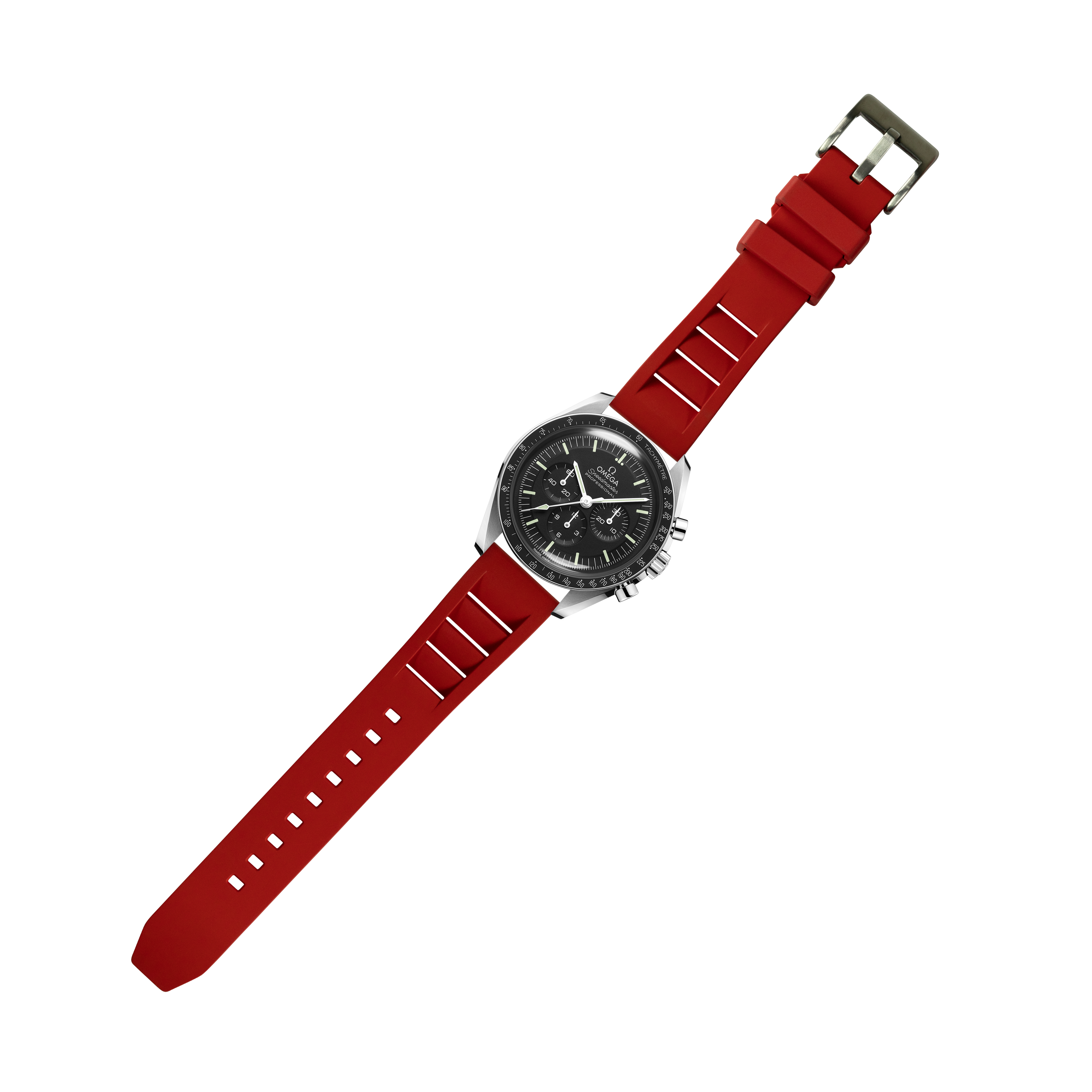 Chronograph watch with stainless steel case and black dial paired with red FKM rubber quick release strap
