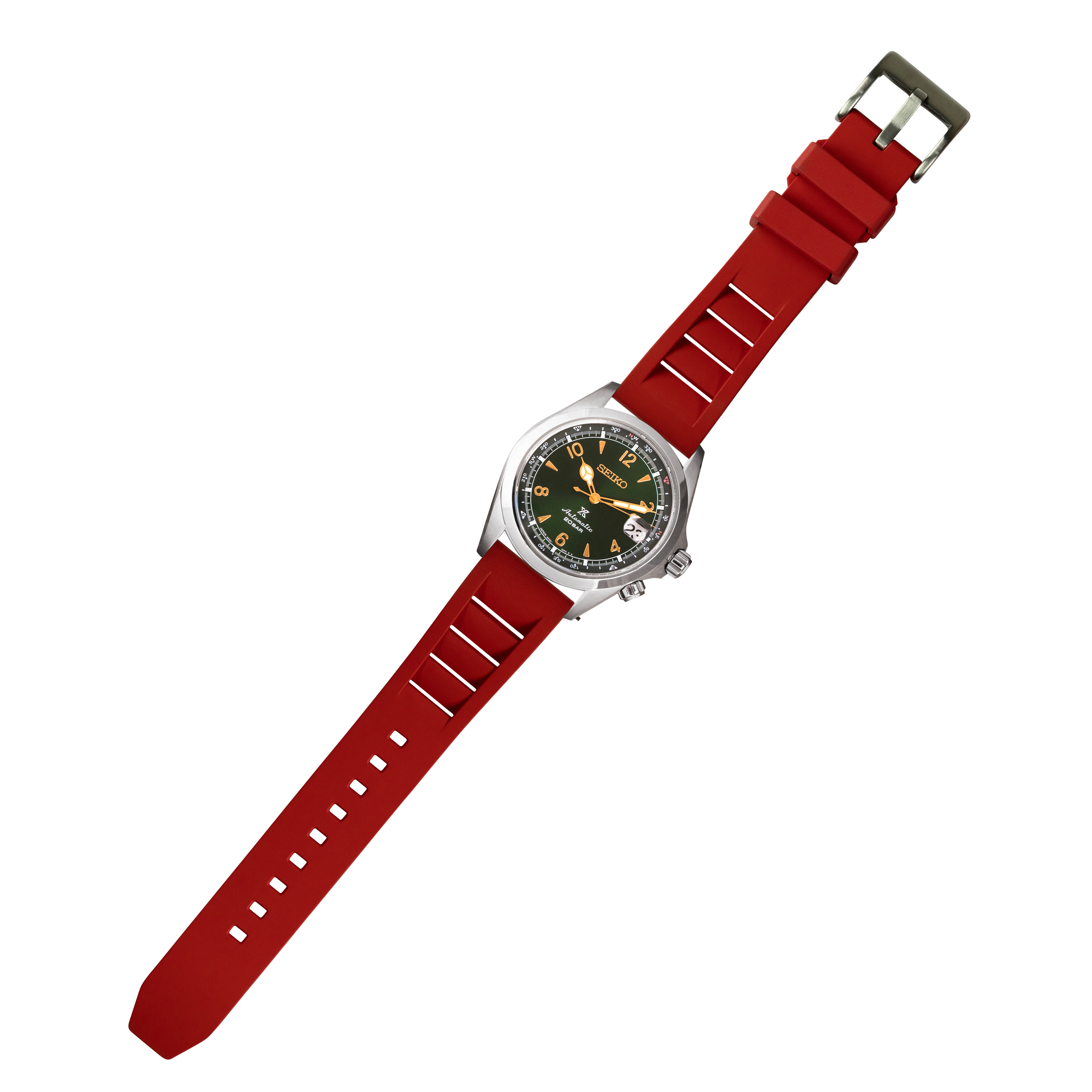 Seiko watch with black dial and gold indices on red quick release FKM rubber strap with stainless steel case