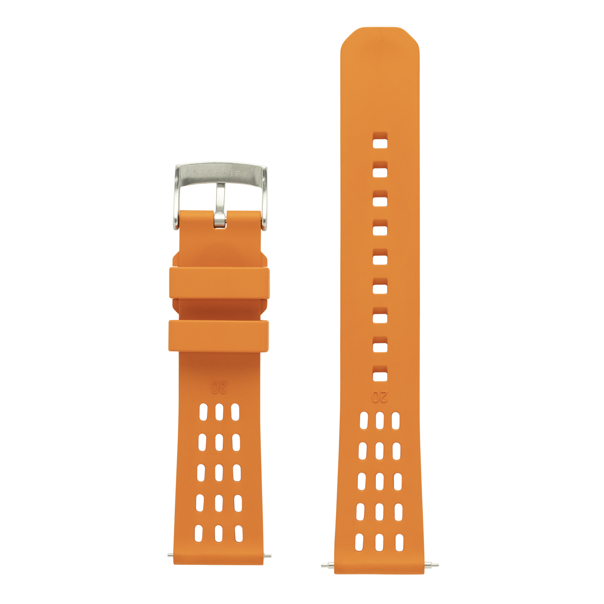Orange FKM rubber AeroMax smartwatch band with perforated ventilation holes and stainless steel buckle