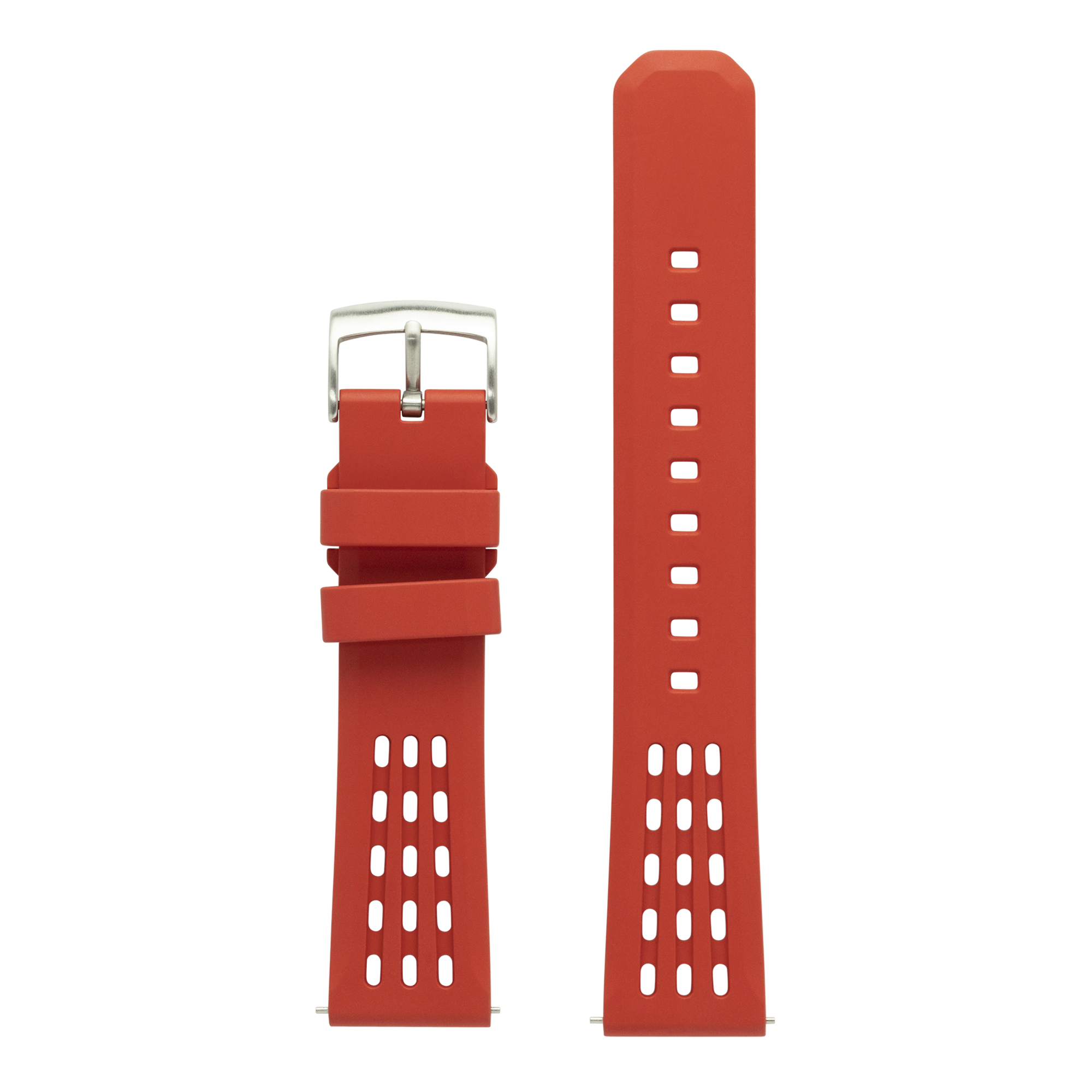 Red silicone sport watch band with perforated holes, silver buckle, and adjustable straps for Apple Watch
