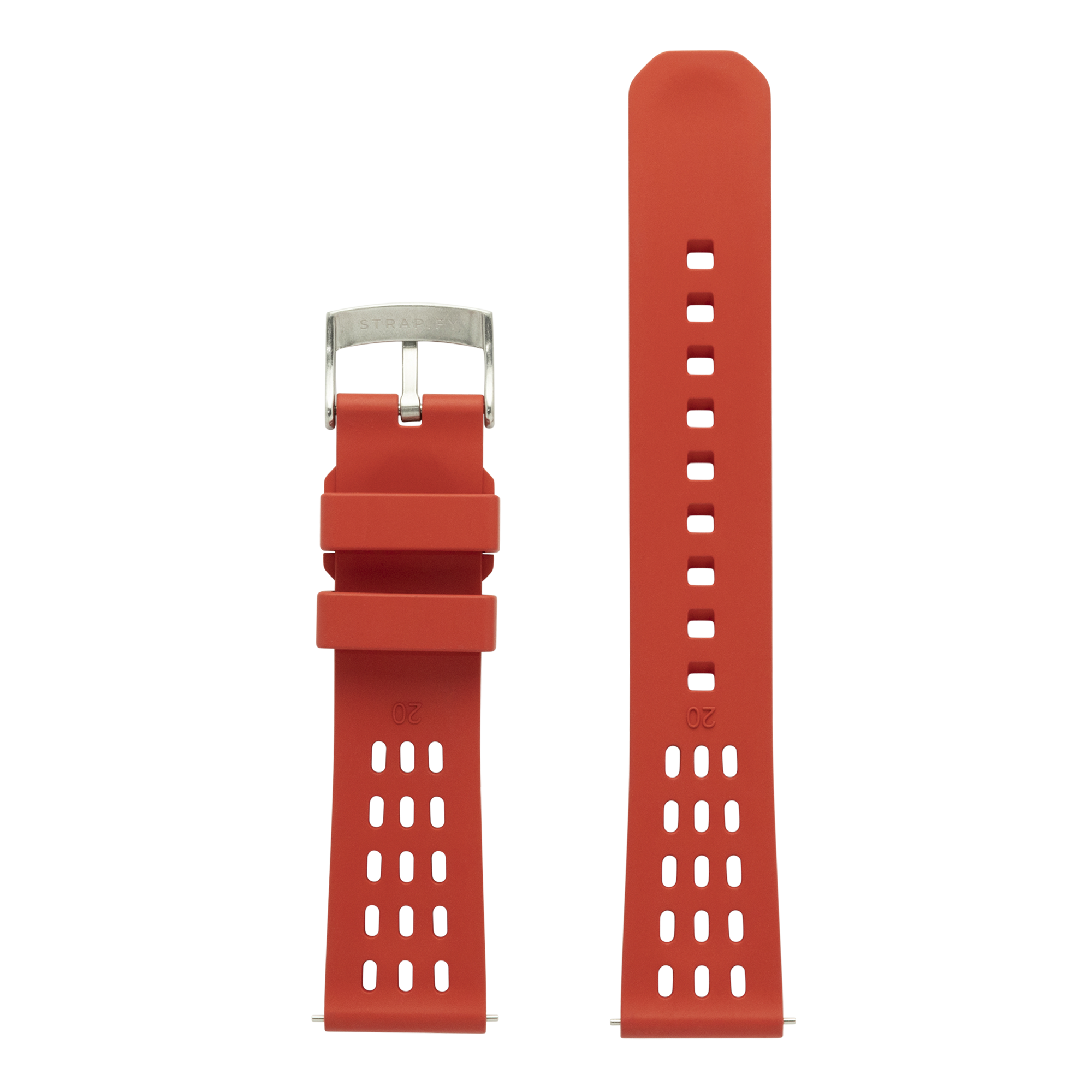 Red FKM rubber smartwatch band with ventilation holes and stainless steel buckle, sport strap replacement for Apple Watch