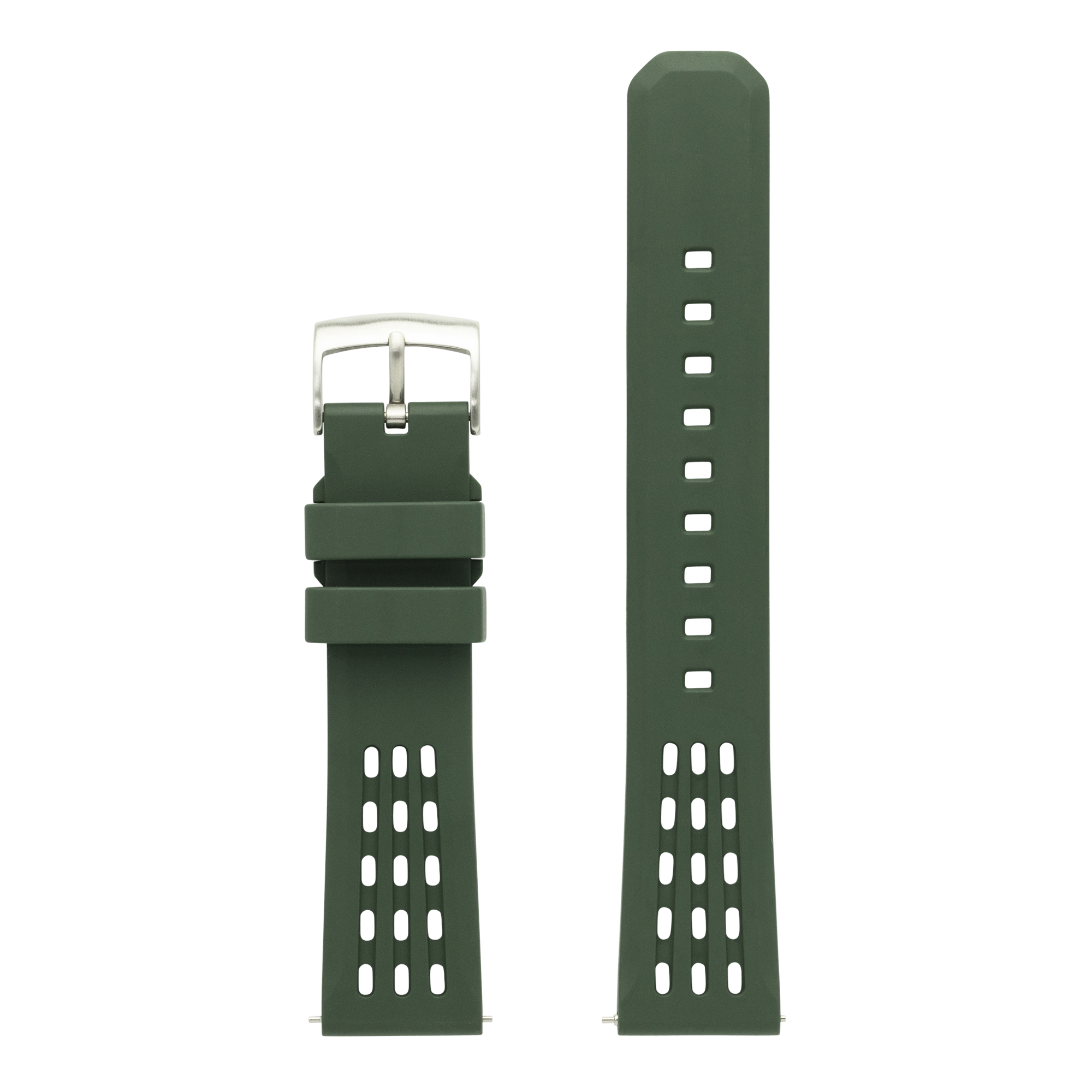 FKM rubber smartwatch band in olive green with ventilation holes and stainless steel buckle clasp