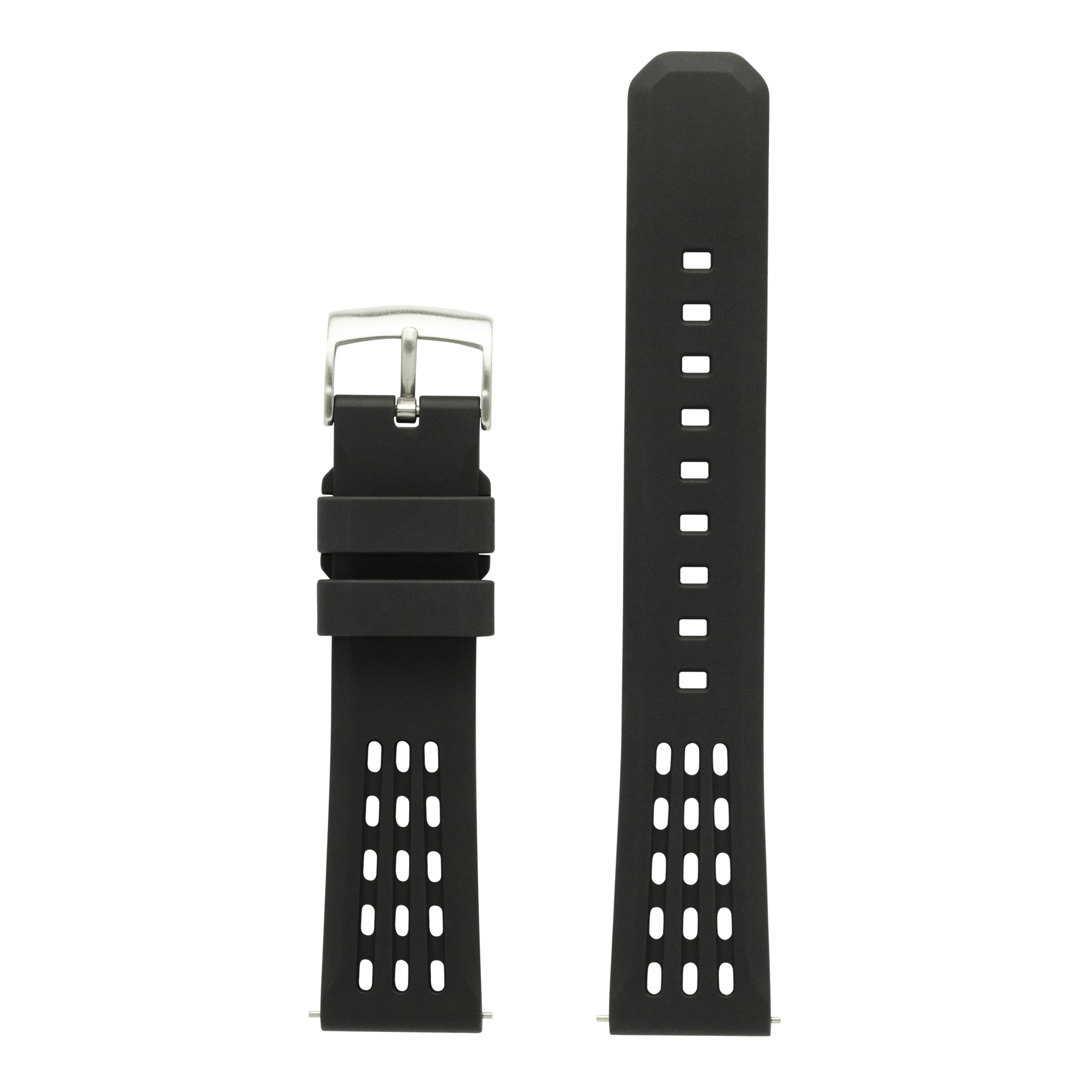 Black FKM rubber smartwatch band with perforated design and silver buckle clasp