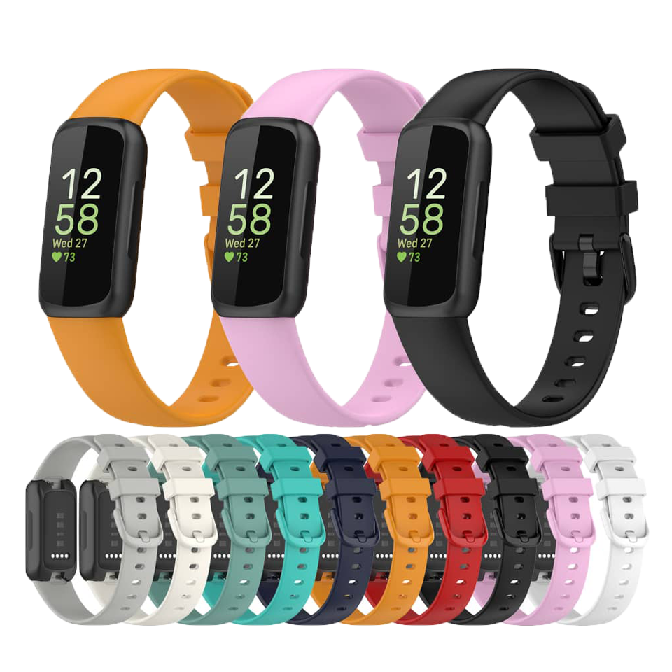 Fitbit Inspire 3 fitness tracker with interchangeable silicone bands in multiple colors including orange, pink, black, gray, teal, navy, red and white