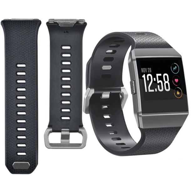 Fitbit Ionic smartwatch with interchangeable silicone and woven band straps in grey and black