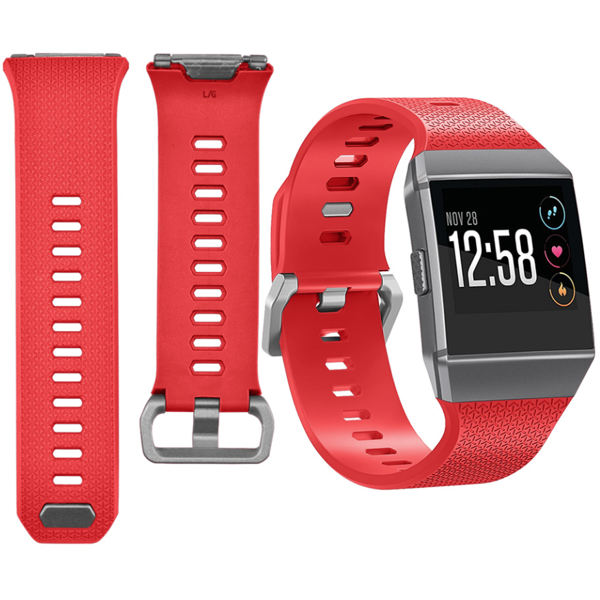 Red silicone replacement watch bands and Fitbit Ionic smartwatch with heart rate and fitness tracking display