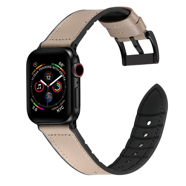 Apple Watch leather hybrid band with beige leather and black silicone strap for Series 4 5 6 SE