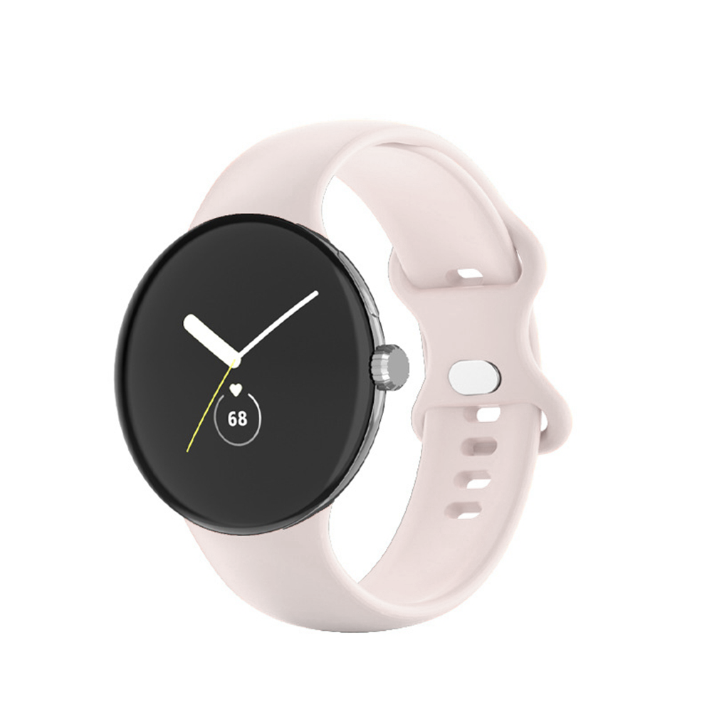 Blush pink silicone smartwatch band with black round digital display showing time and heart rate monitor widget