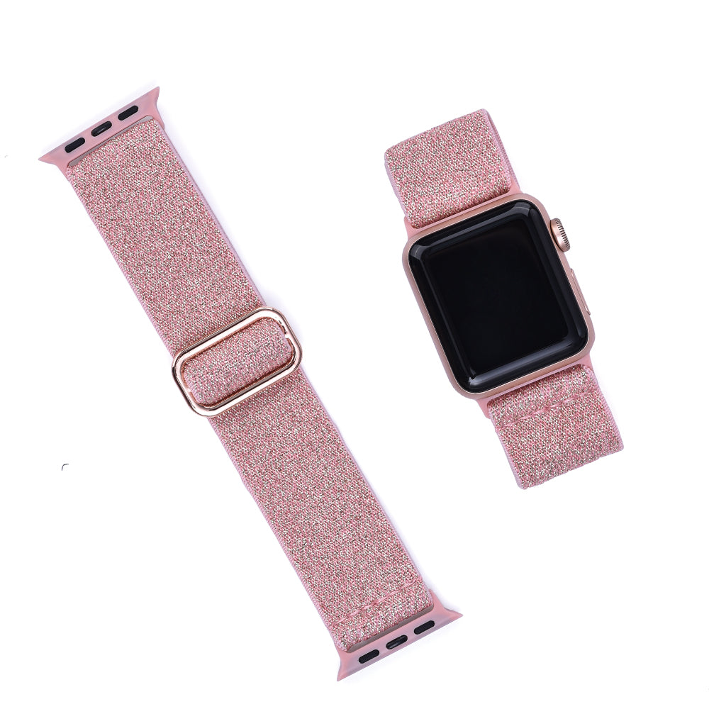 Pink glitter weaved loop band for Apple Watch with rose gold connector and matching smartwatch shown from front and side angles