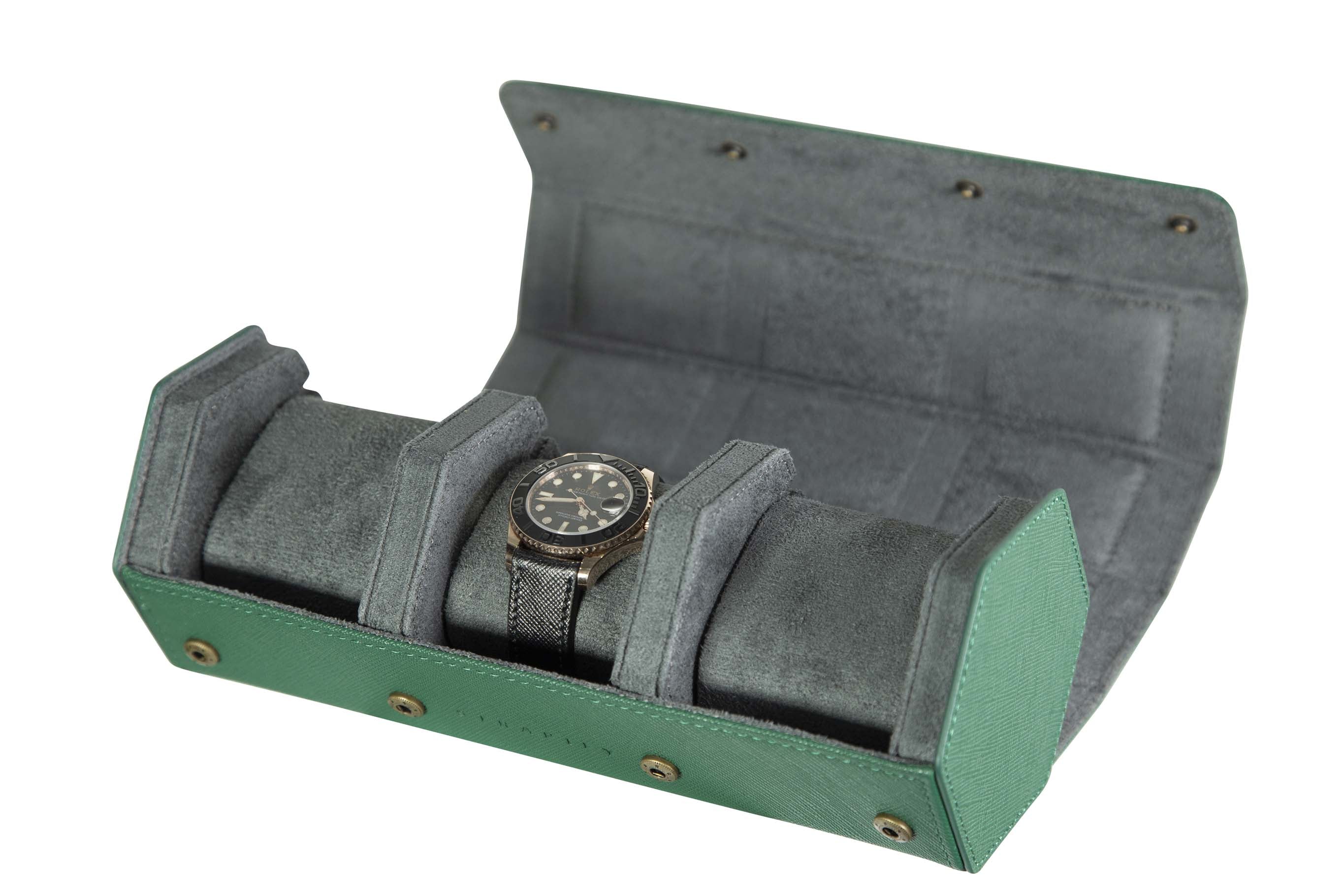 Jefferson - 3 Watch Roll - Saffiano Green | Grey Velvet