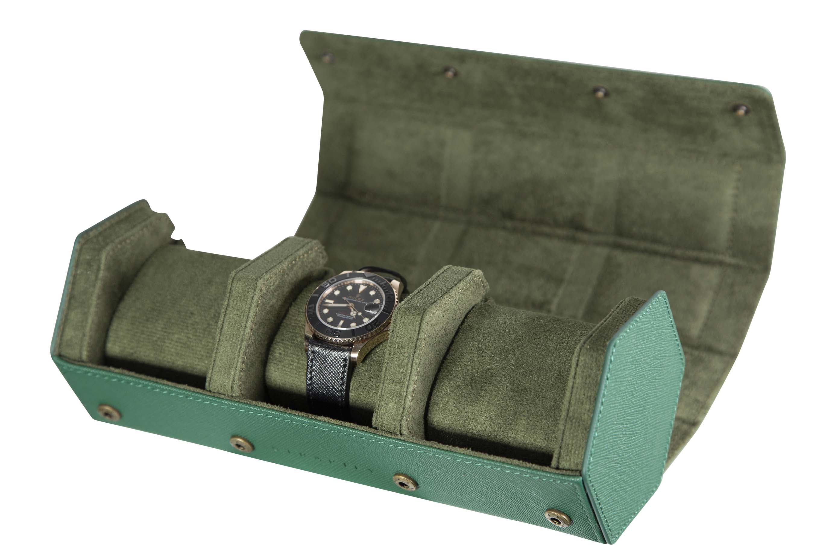 Jefferson - 3 Watch Roll - Saffiano Green | Forest Green Velvet